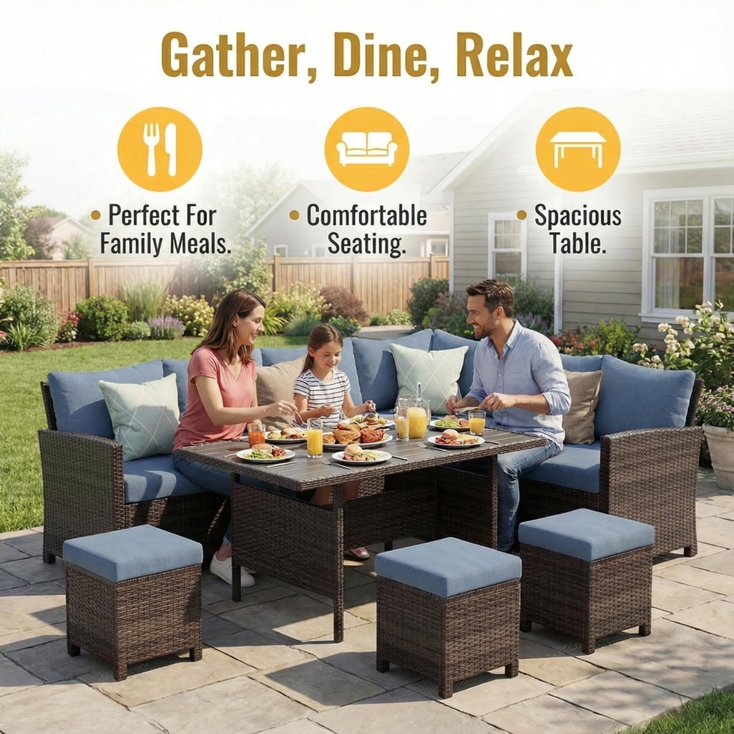 Wisteria Lane 7 Piece Patio Furniture Set, High Curved Back Wicker Patio Sectional, All Weather Outdoor Dining Set, Outdoor Furniture Patio Conversation Set with Ottoman, Blue