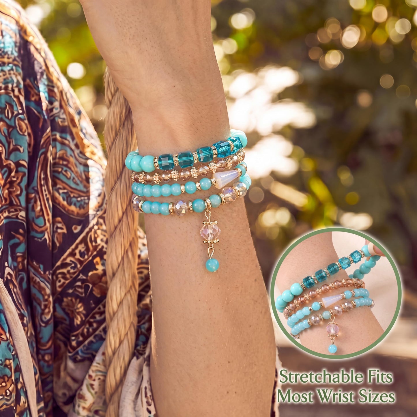 Tungary 4Pcs Beaded Bracelets for Women Bohemian Bracelet Stacks Handmade Natural Stone Stretch Bracelets Multi-Color Daily Wear Accessories Summer Beach Boho Jewelry Gift Light-blue Bracelet Set