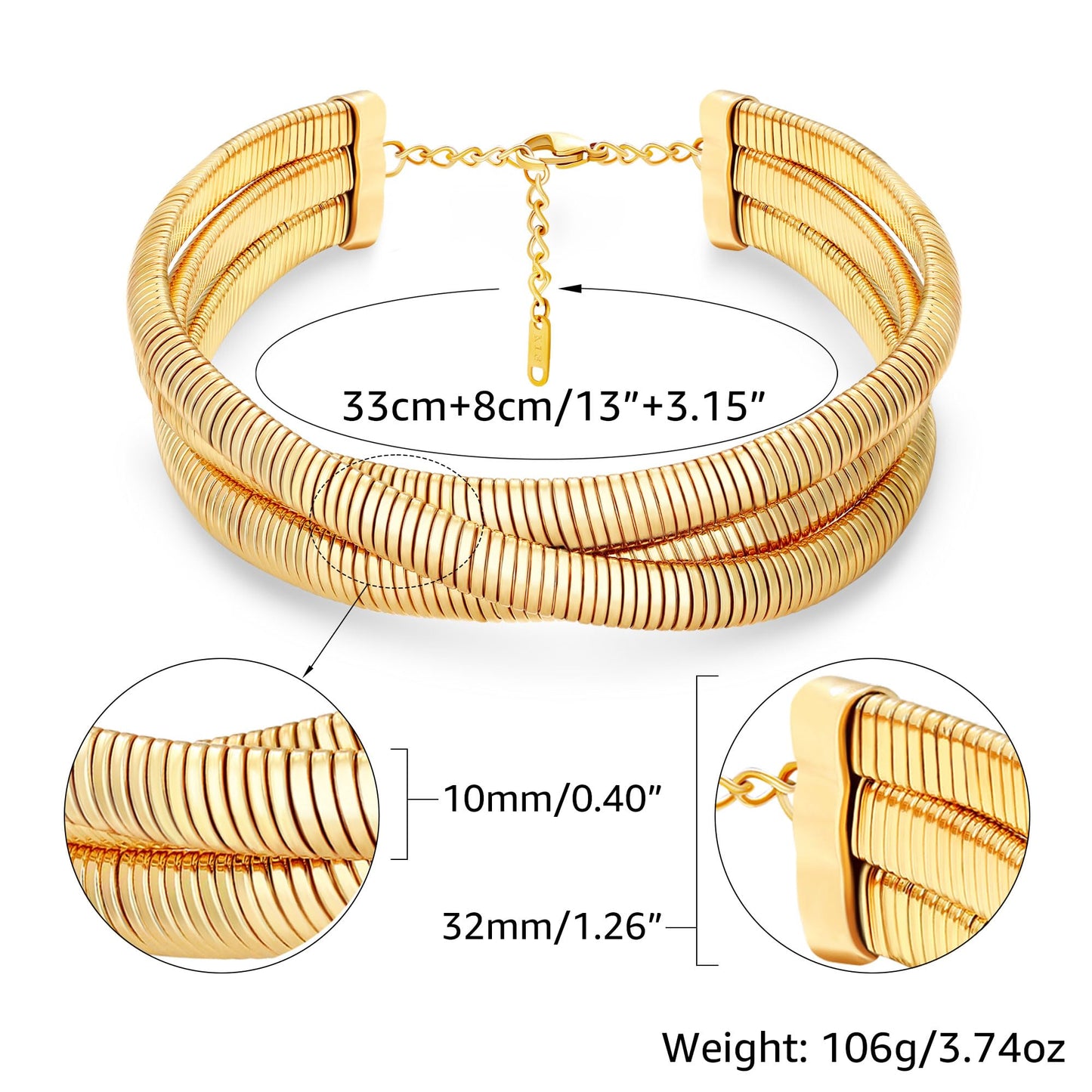 BONJOULRY Chunky Gold Plated 3 Layered Choker Necklace for Women Trendy, 14K Gold Plated Twisted Snake Chain Statement Necklace Multi Layering Necklaces Jewelry Gifts