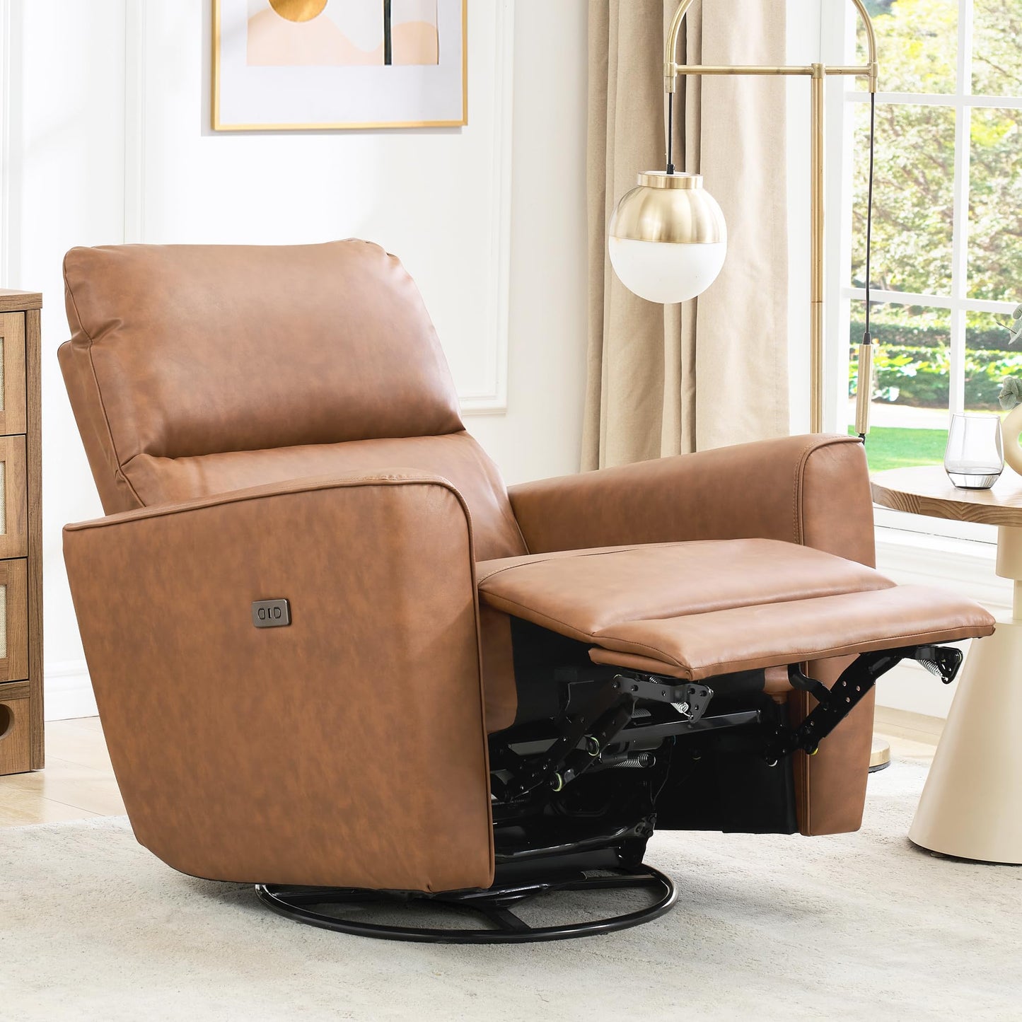 IDEALHOUSE Swivel Rocking Nursery Recliner Chair Rocker Recliner Glider Deep Seat PU Leather Sofa Chair with high Backrest for Nursery, Living Room, Bedroom & Home Movie Theater (Camel)