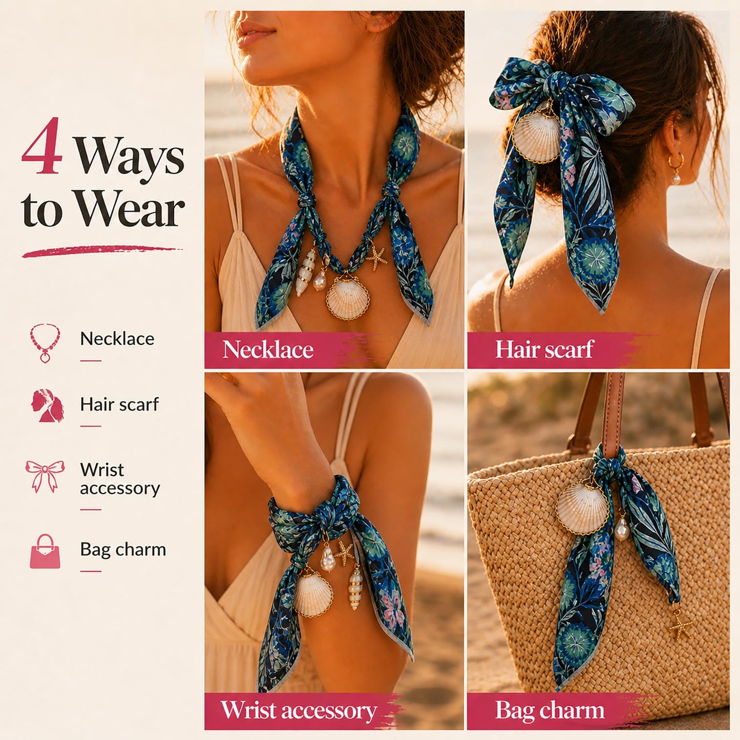 Silky Scarf Necklace with Charm for Women, Coastal Shell Pendant Necklace, Pearl & Starfish Beach Jewelry, Boho Vacation Accessories