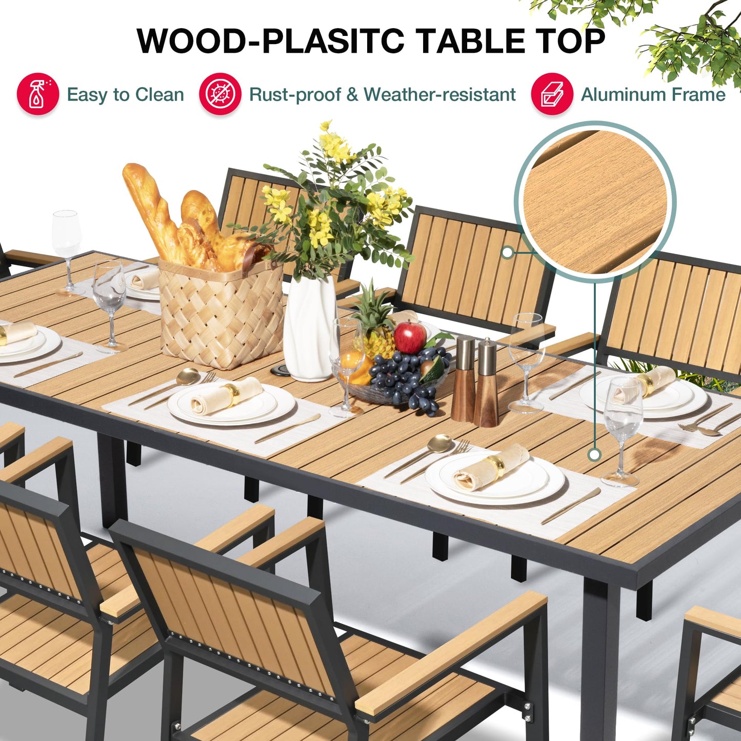 Pamapic 10-Piece Outdoor Dining Set, Patio Aluminum Furniture with Plastic-Wood Table Top & 8 Stackable Chairs, Outdoor Furniture Set for Patio Garden Poolside (Teak)