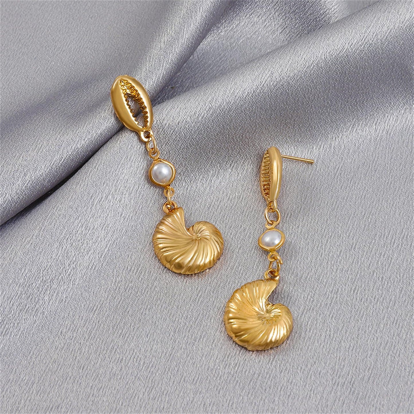 Asymmetric Starfish Seashell Earrings Gold Plated Boho Handmade Charm Cowrie Sea Shell Conch Star Ocean Animals Long Dangle Drop Earrings for Women Hawaii Summer Beach Party Holiday Jewelry Gifts (Gold conch earring)