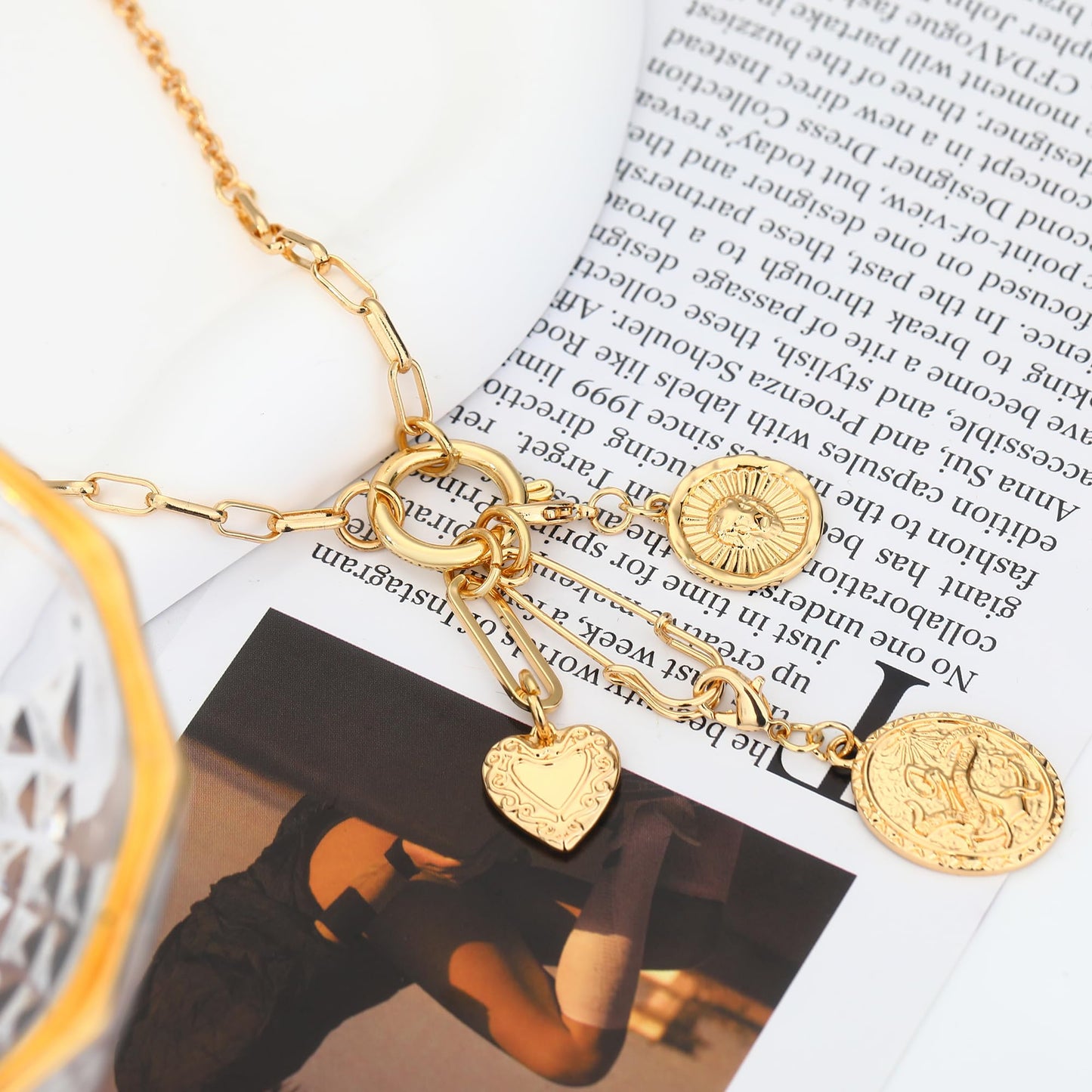 BONJOULRY Charm Necklace for Women Gold Safety Pin Necklace Tarot Card Lion Coin Heart Engraved Vintage Charms Dainty Long Paperclip Chain DIY Pendant Protection Necklace Amulet Jewelry Gifts