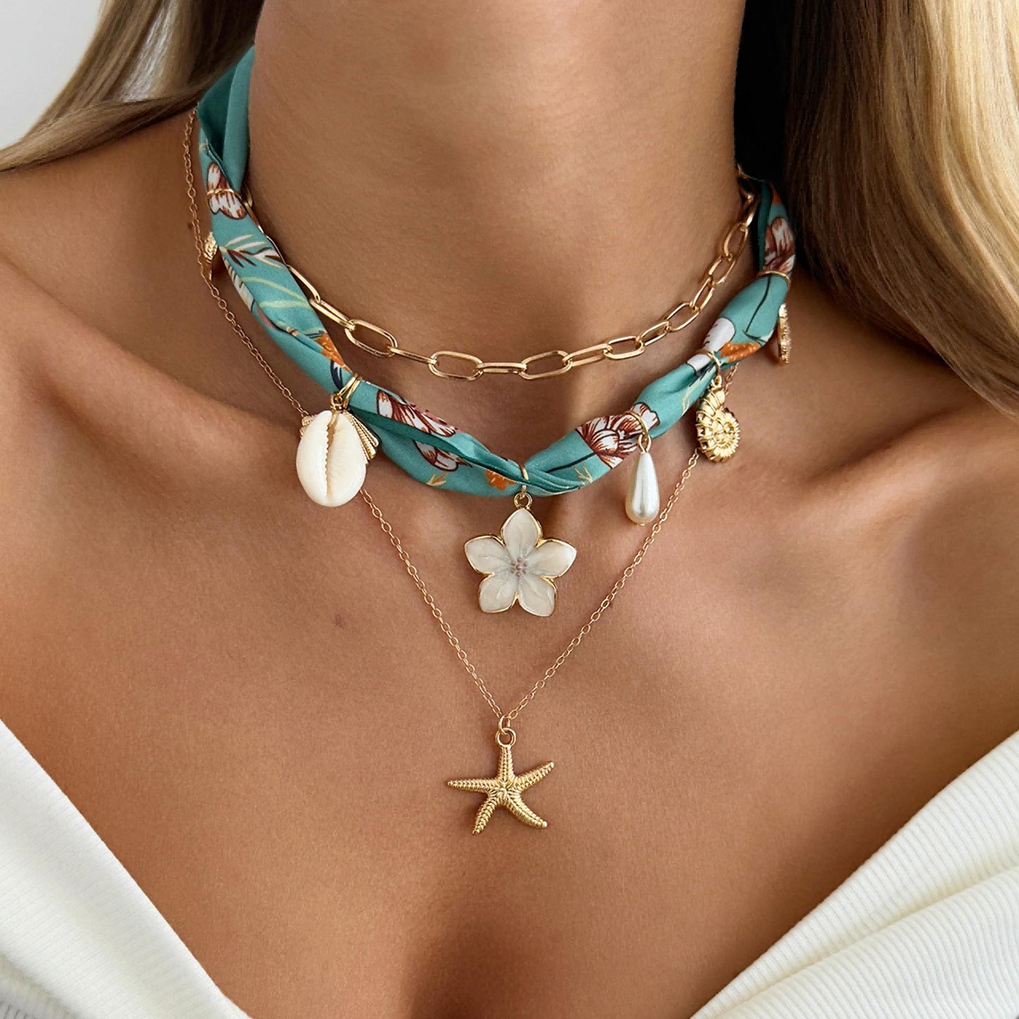 Your Always Charm Layered Scarf Necklace for Women - 3 Pcs Bandana Starfish Flower Shell Necklace with Charms, Summer Beach Boho Jewelry, Layered Choker Gift