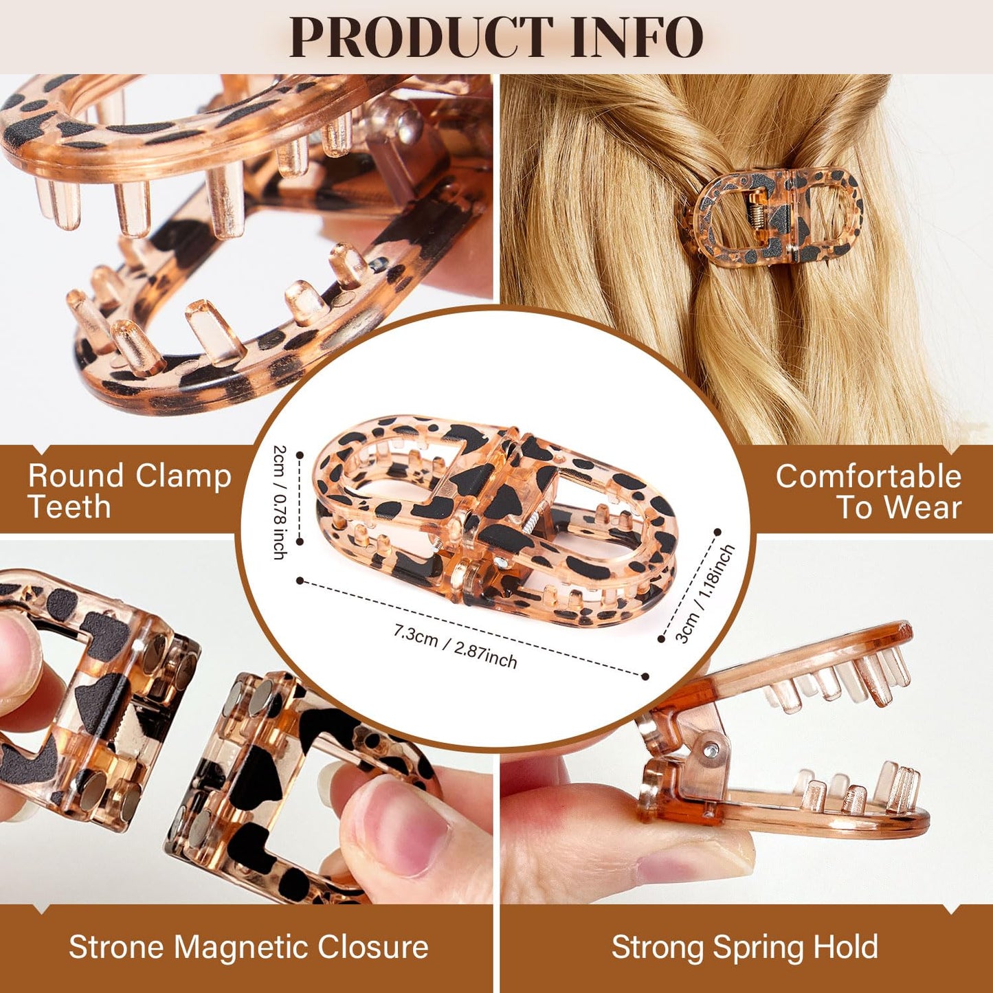 RCZETC Magnetic Hair Clips 2-Pack | Hair Clips for Styling & Thick Hair | Claw Clips & Barrettes for Women | Strong Hold Non-Slip No-Crease Hair Barrettes（Leopard Print + Blue）