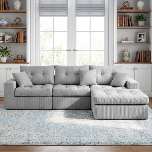 113-Inch L-Shaped Modular Corner Cloud Sofa Corduroy Tufted Foam Sectional with Deep Seat, 4 Pieces Compressed Boneless Sofa Couch with Movable Ottoman & 4 Toss Pillows
