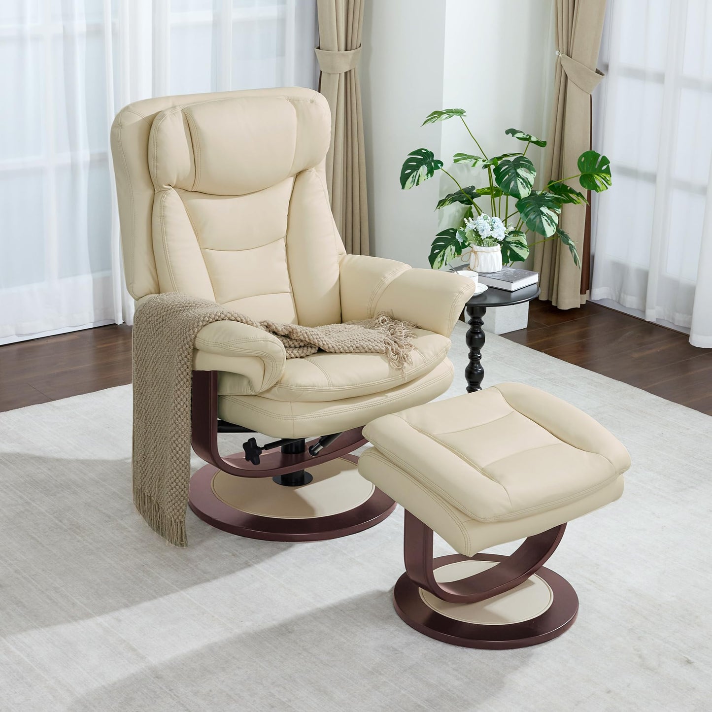 MCombo Oversized Swivel Recliner Chair with Ottoman, Adjustable Backrest, 360° Wood Base, High Seat, Faux Leather Lounge Chair for Tall Users in Living Room Office 4651 (Cream White)