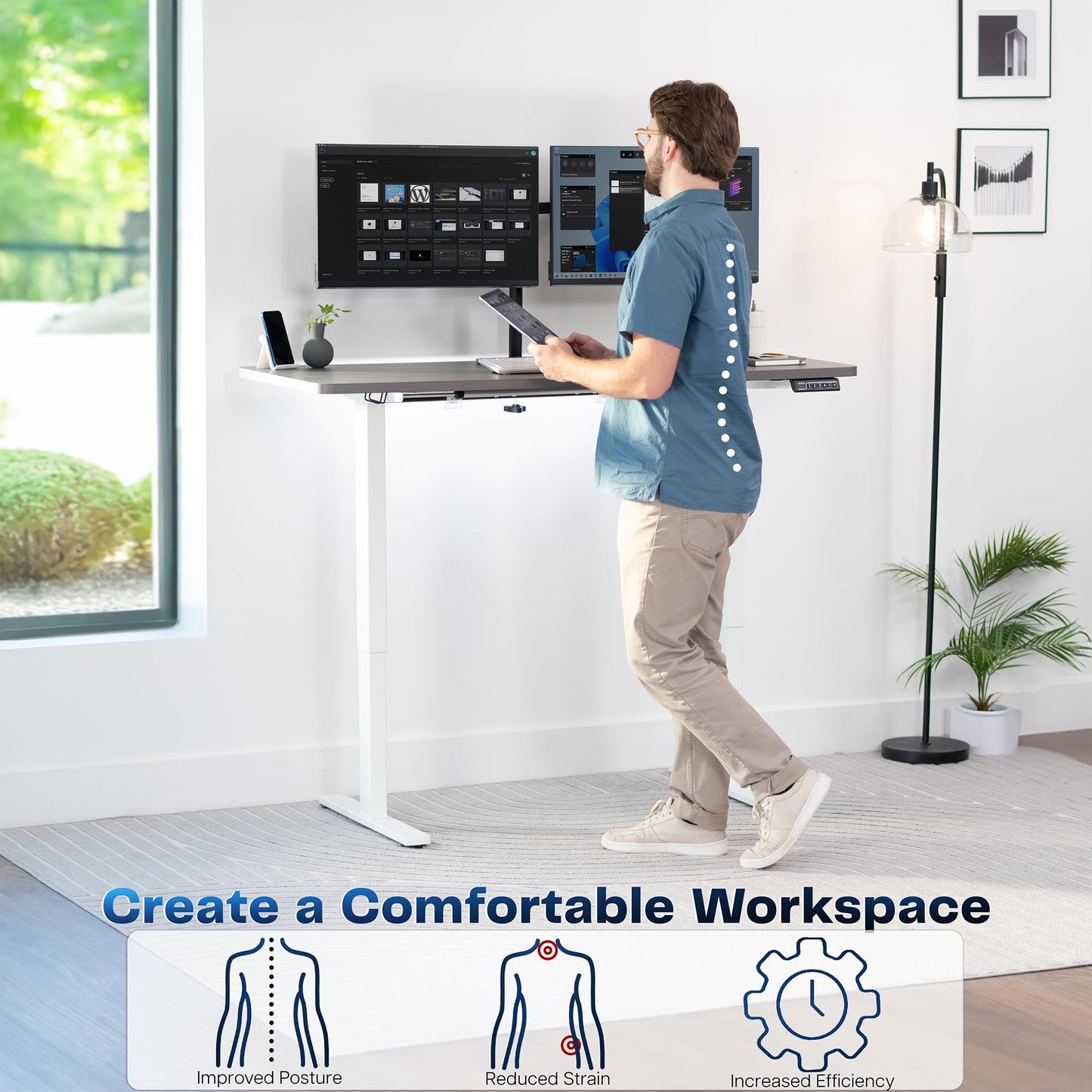 VIVO Electric 60 x 24 in Standing Desk, Memory Height Adjustment, 1B Series, Holds 220 lbs, One-Piece Dark Gray Top, White Frame, DESK-KIT-1W6G