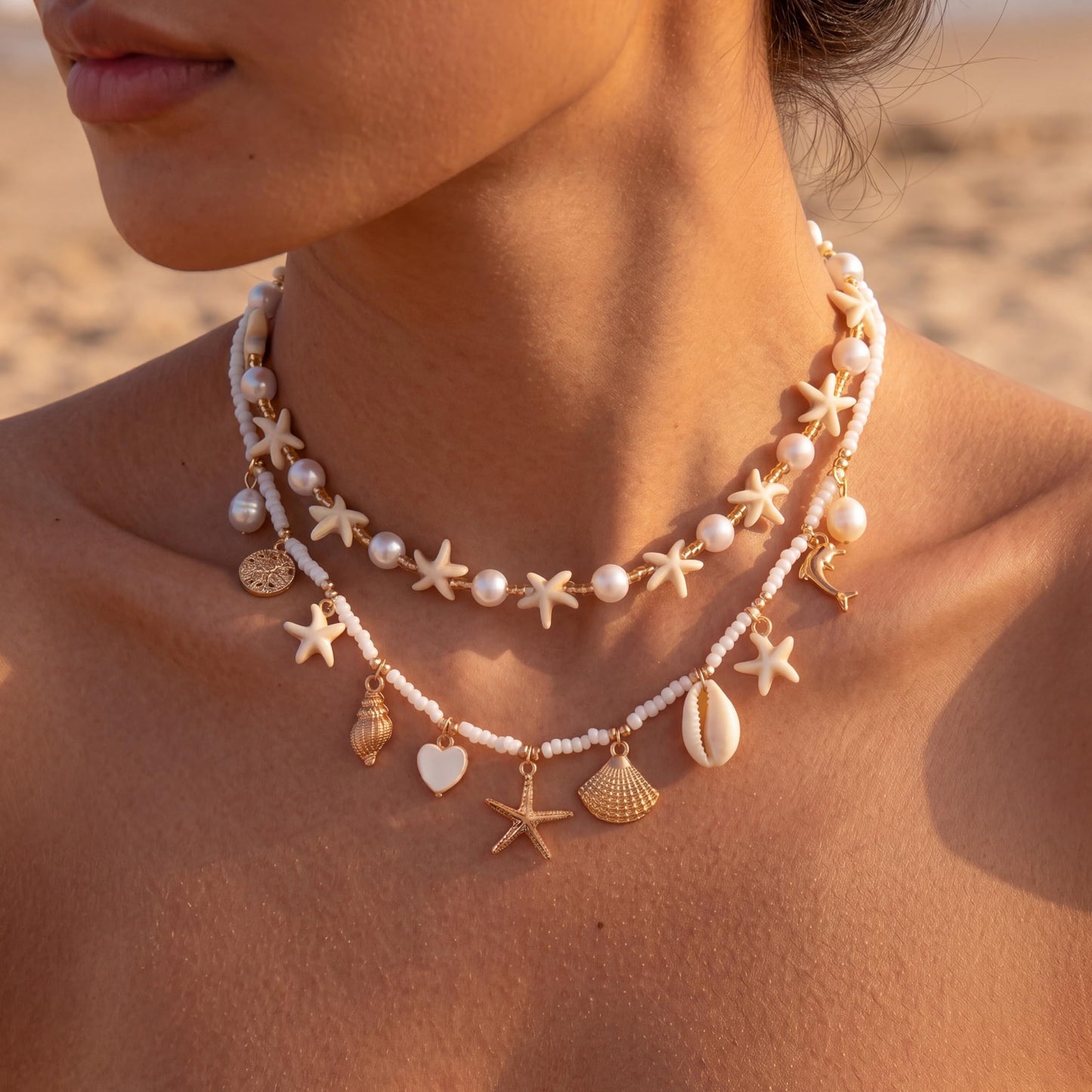 Shell Starfish Necklace for Women, Gold Plated Layered Pendant Necklace with Pearl Conch Charms, Boho Coastal Summer Beach Vacation Jewelry Gifts(Charm 2P)