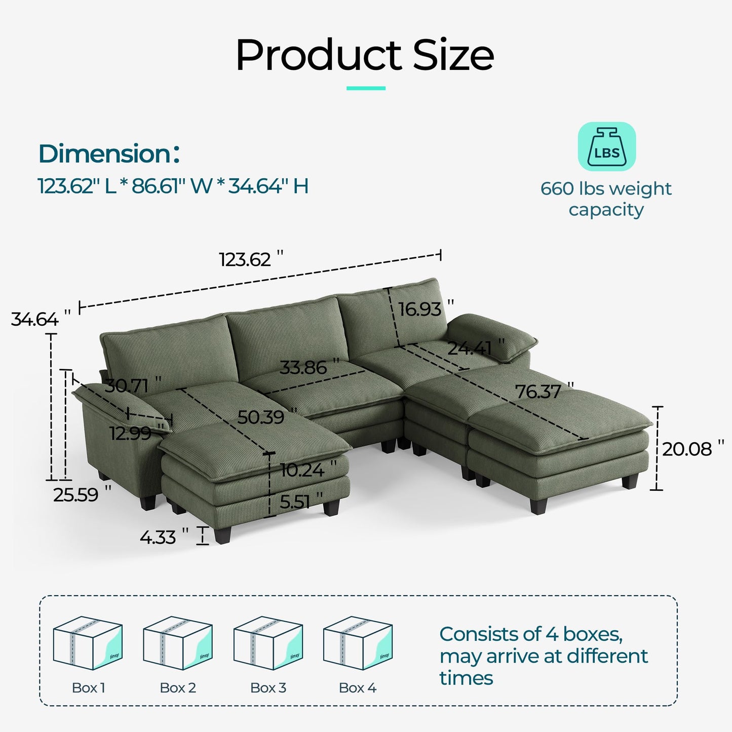 LINSY HOME Modular Sectional Sofa - 123 Inch Oversized Corduroy Cloud Couch with Movable Ottoman Soft Modern Comfy Sofa Set for Living Room Apartment Office, Green