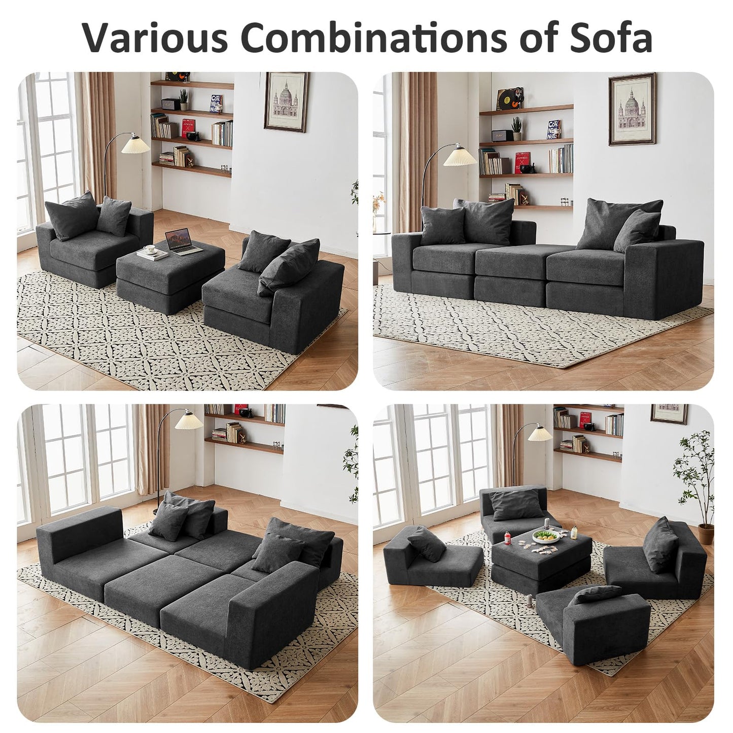 Modular Sectional Loveaeat Cloud Sofa, Boneless Couch with Non Slip Base, Cozy Sleeper Sofa for Customizable Living Spaces, Modern Modular Couch with L-Shape Chaise, Deep Seat & No Assembly, Grey