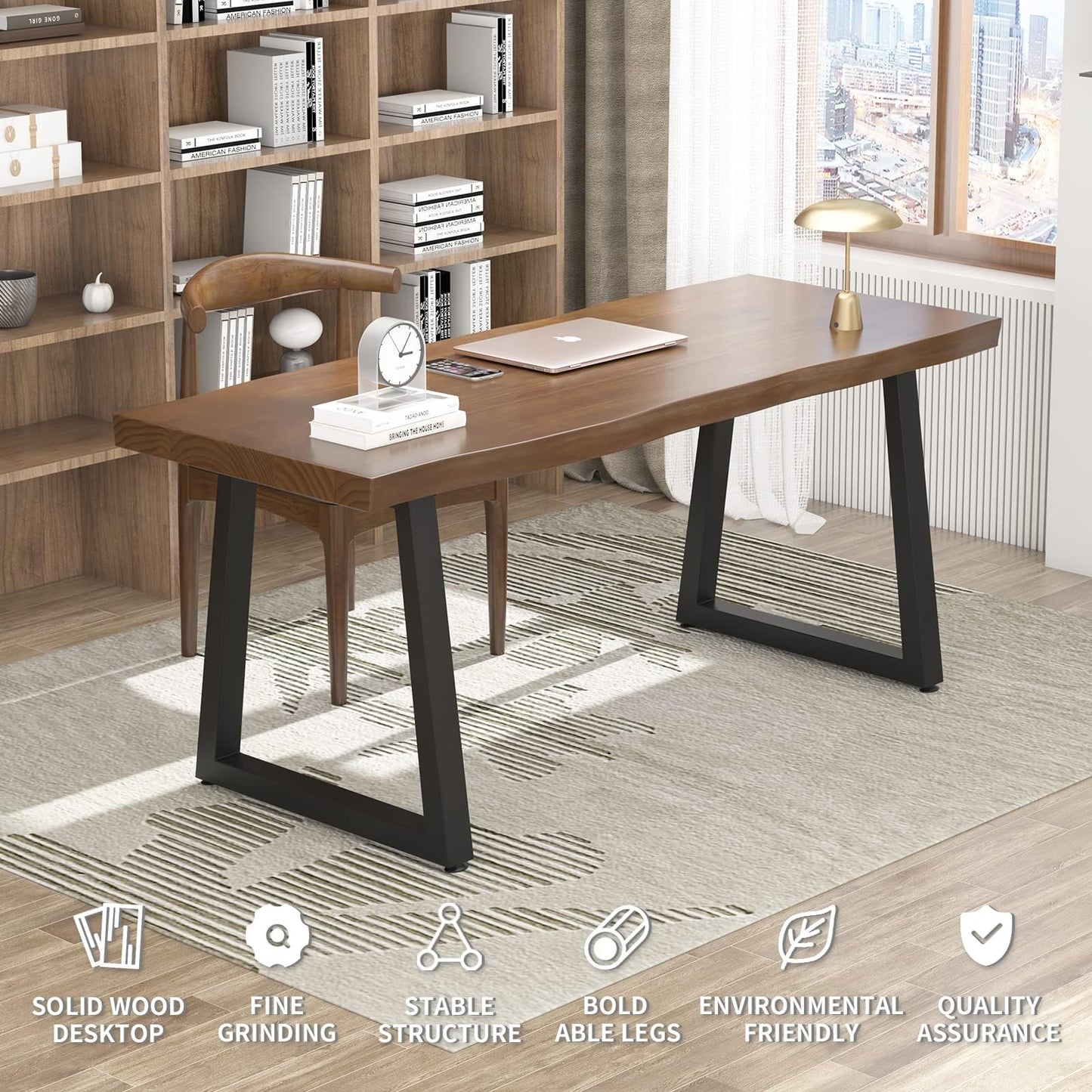 jmzx store Solid Wood Rustic Style 55.1-inch Computer Desk - Large Office Desk for Home Office, Modern and Simple Design, Ideal for Dining,Study, Writing (blackv, 55.12 * 27.56 * 29.53)