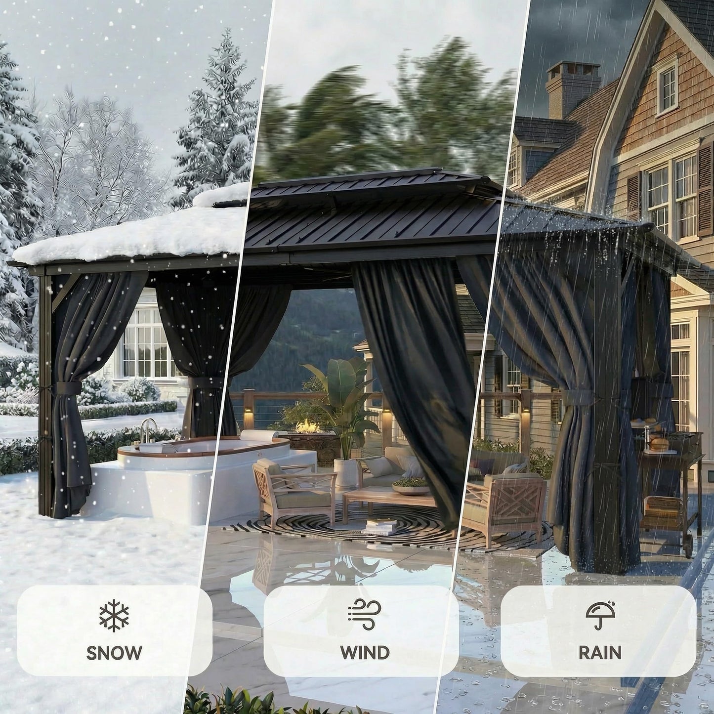 HOTEEL 10x15 Hardtop Gazebo On Clearance with Galvanized Steel Double Roof,Heavy Duty Gazebo with Flame-Retardant Curtain & Netting, Permanent Pavilion Outdoor for Patio, Frame Thickened, Black