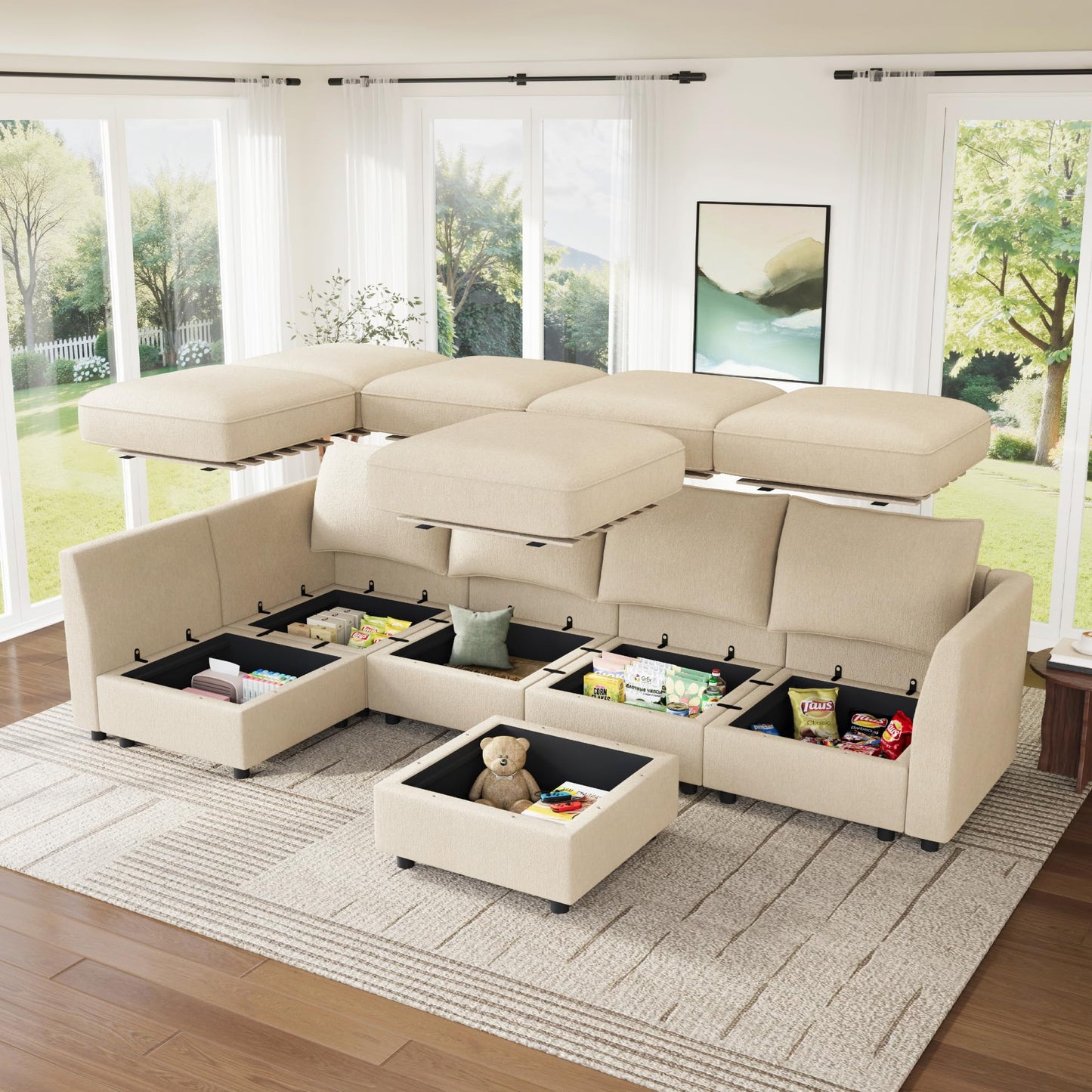 HONBAY Modular Sectional Sofa L Shaped Sectional Couch with Storage, Convertible Couches for Living Room - Beige