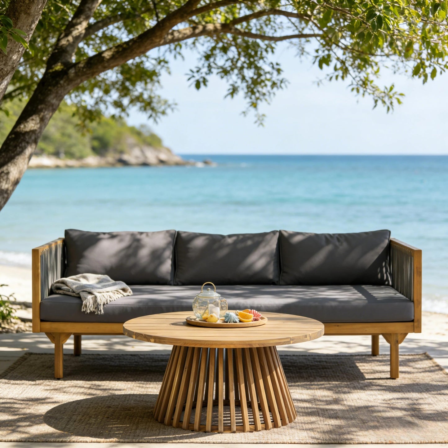 Merax Outdoor Acacia Wood Conversation Set - Patio 3-Seat Loveseat Sofa w/Coushion and Round Coffee Table for Backyard, Lawn, Balcony, Water Repellent, 600 lbs Sofa Capacity, Teak + Gray