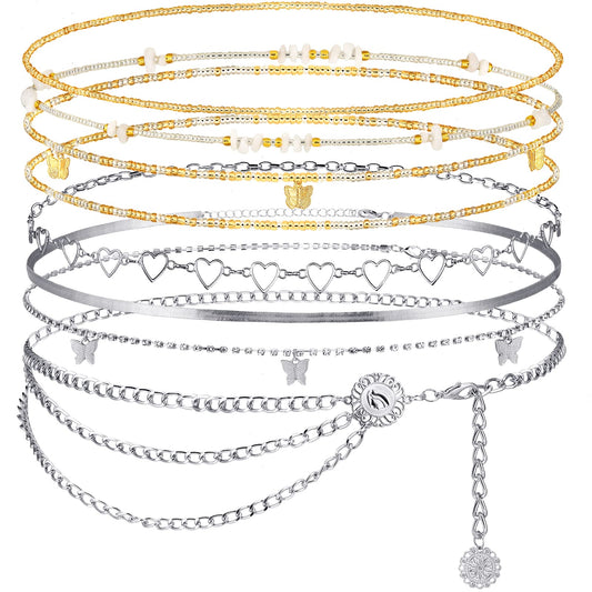 JenPen 8 Pcs Belly Chain Adjustable Waist Chain Summer Beach Bikini Waist Body Beads for Women Adults Multilayer(Stylish Style)