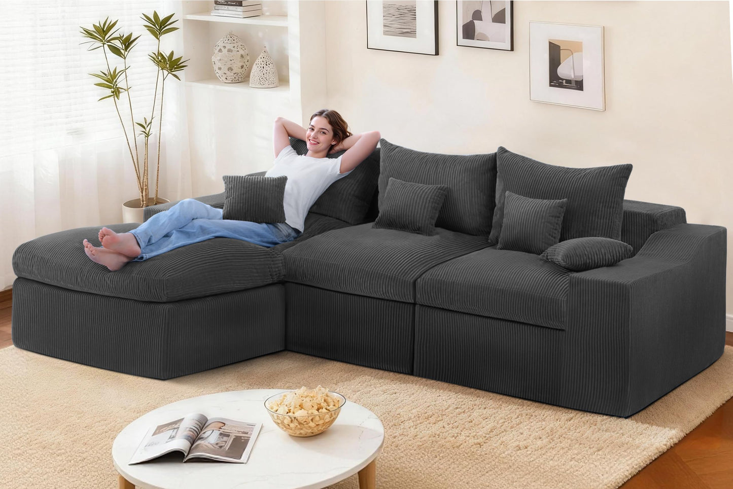 HABUTWAY 104" L Shaped Cloud Sectional Couch, Boneless Modular Sectional Sofa with Deep Seat, Corduroy Couches for Living Room, Modular Couch, No Assembly Required (Grey)