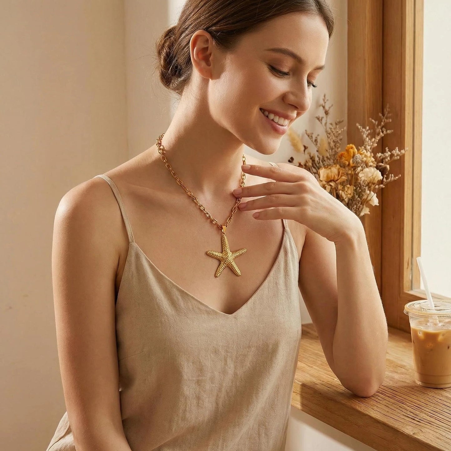 LSXHASGLD Delicate Starfish Pendant Necklace for Women, Stainless Steel Gold and Silver Tone Twisted Chain, Adjustable Summer Ocean Beach Jewelry