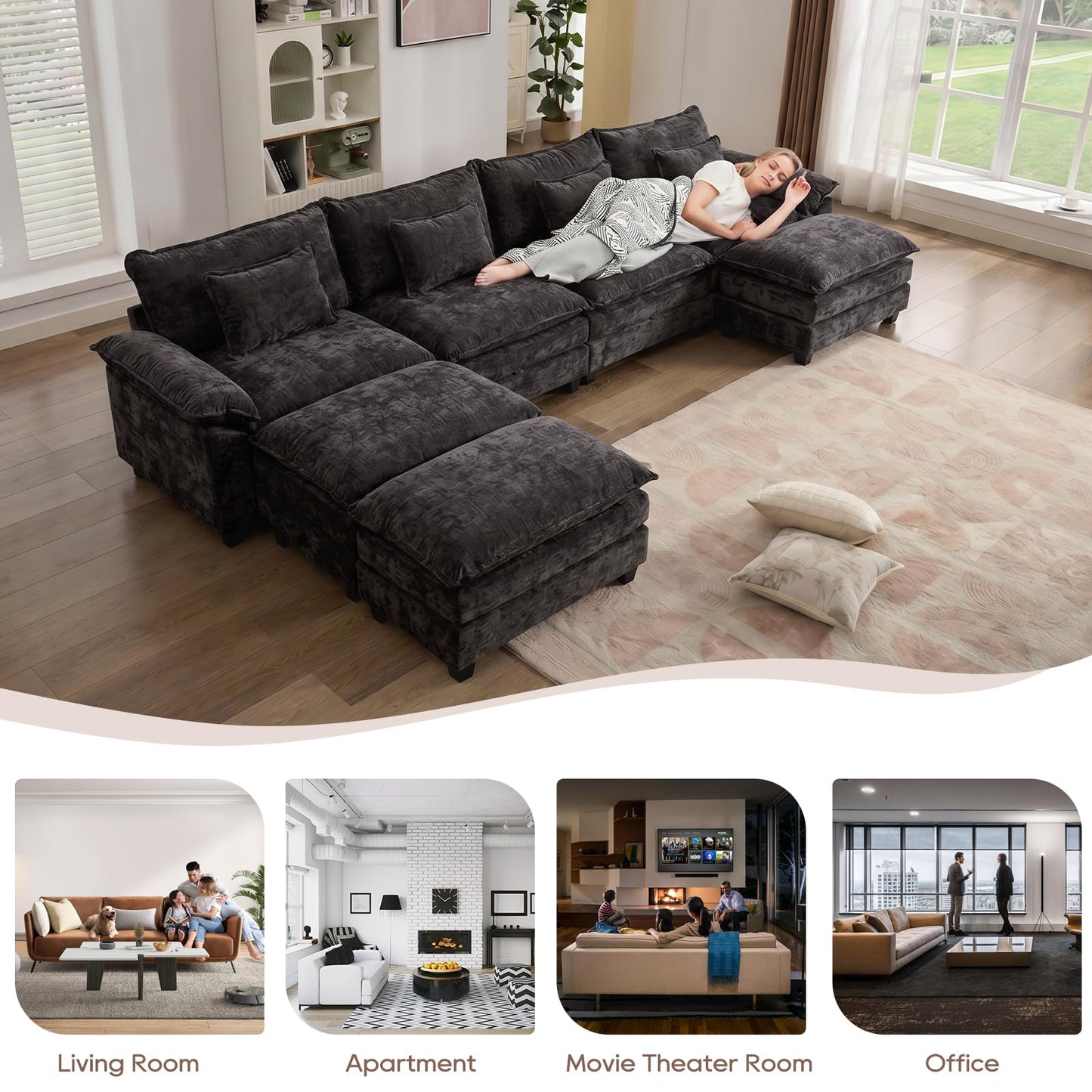 IPKIG 154" Modular Sectional Sofa, Chenille C-Shaped Sectional Couch Comfy Upholstered Seat Sofa with Ottoman, Deep Seat Cloud Couch Sofa for Living Room, Black