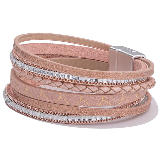 FANCY SHINY Boho Leather Wrap Bracelets Trendy Layered Bracelets with Magnetic Clasp Strackable Bohemian Cuff Jewelry Gifts for Women(Rosy Metallic)