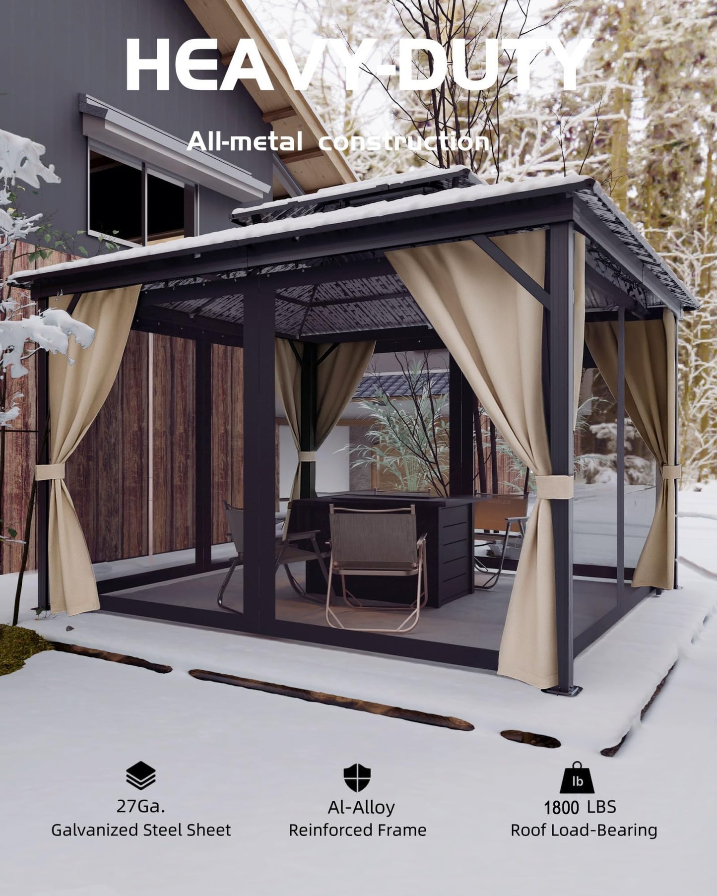 GarveeLife 10 ft x12 ft Hardtop Gazebo for All Weather, with Double Metal Roof, Aluminum Alloy Frame, Net, and Curtain, Permanent Building for Patio, Deck, Backyard, Lawn, and Garden