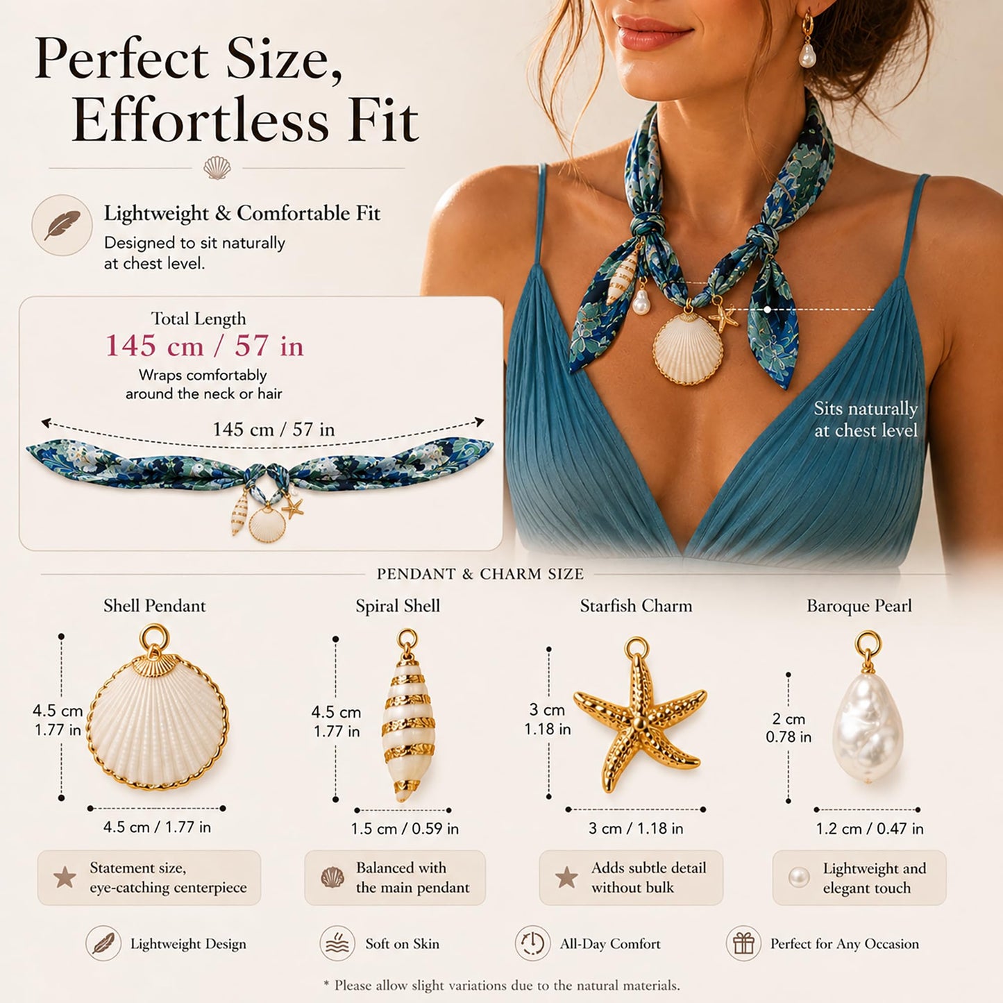 Silky Scarf Necklace with Charm for Women, Coastal Shell Pendant Necklace, Pearl & Starfish Beach Jewelry, Boho Vacation Accessories