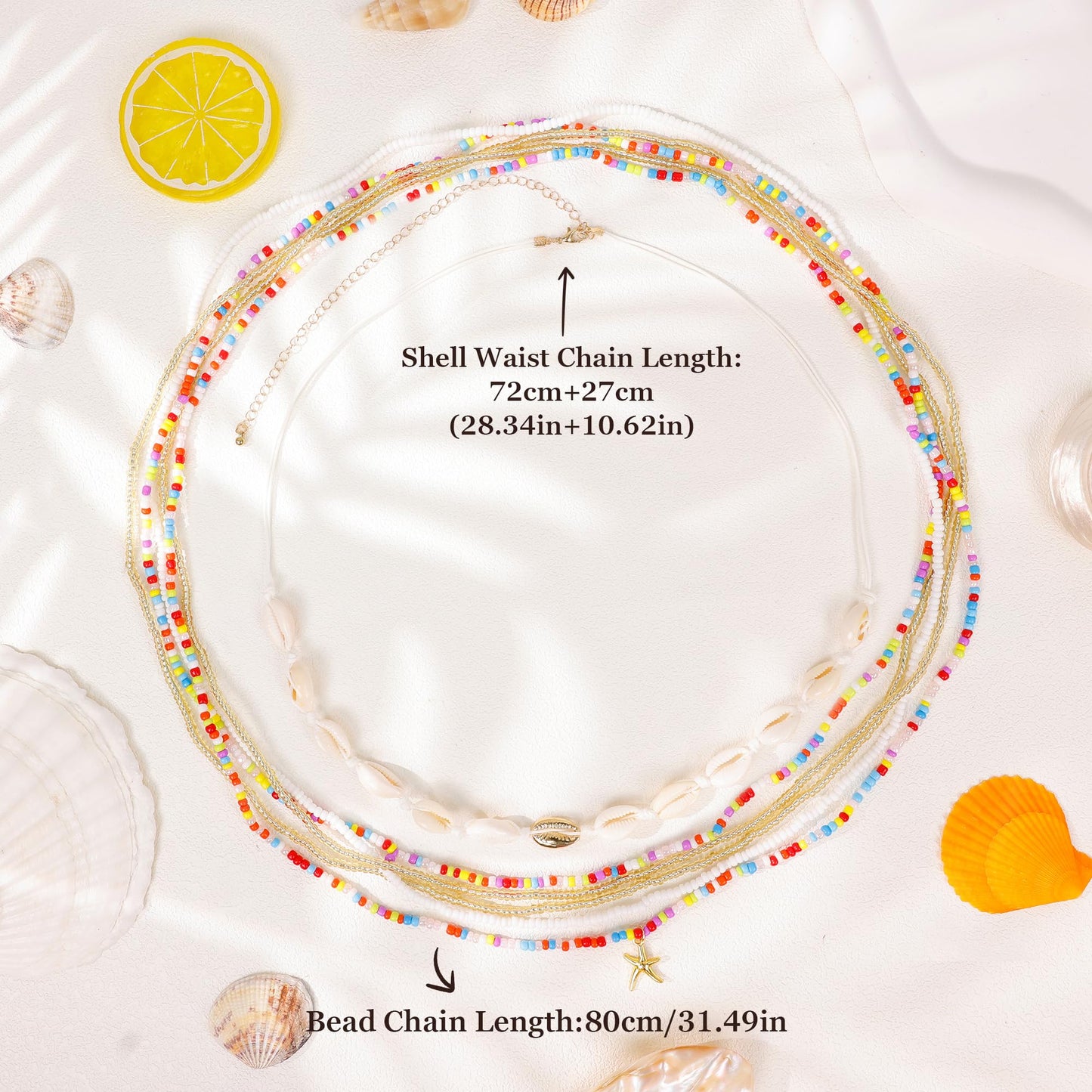 NICEIGHT 6Pcs Colorful Waist Beads Chain for Women Multi-layered Beaded Belly Chain Sexy Starfish Shell Chain for Waist Summer Beach Bikini Belly Body Chain Jewelry Colorful A