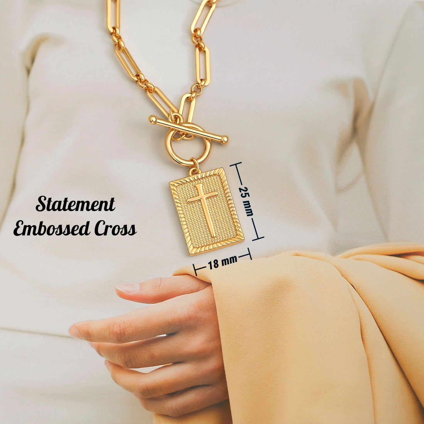 PEARLADA Chunky Cross Necklace for Women, Statement 18k Gold Plated Paperclip Necklace with Toggle, Square Pendant Christian Jewelry
