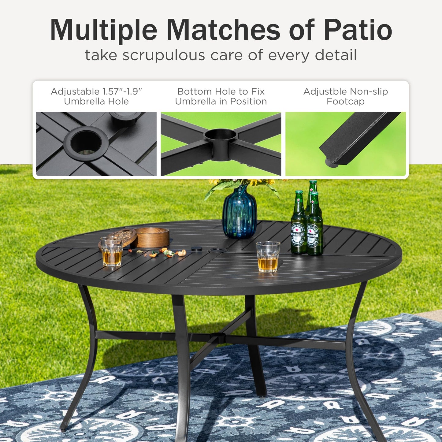 PHI VILLA Outdoor Patio Dining Set 5 Piece with 4 Padded Swivel Dining Chairs & 1 Large Round Dining Table, Textilene Mesh Fabric Chair and 42" Metal Table for All Weather