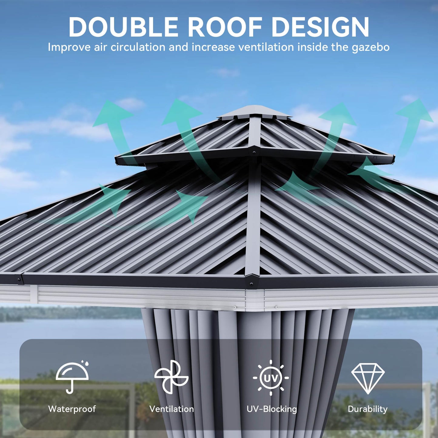 YITAHOME 10X10FT Gazebo Patios Hard Top Outdoor Double Roof Canopy Aluminum Frame Metal Top Garden Gazebo with Curtains Netting for Backyards Decks Lawns, White