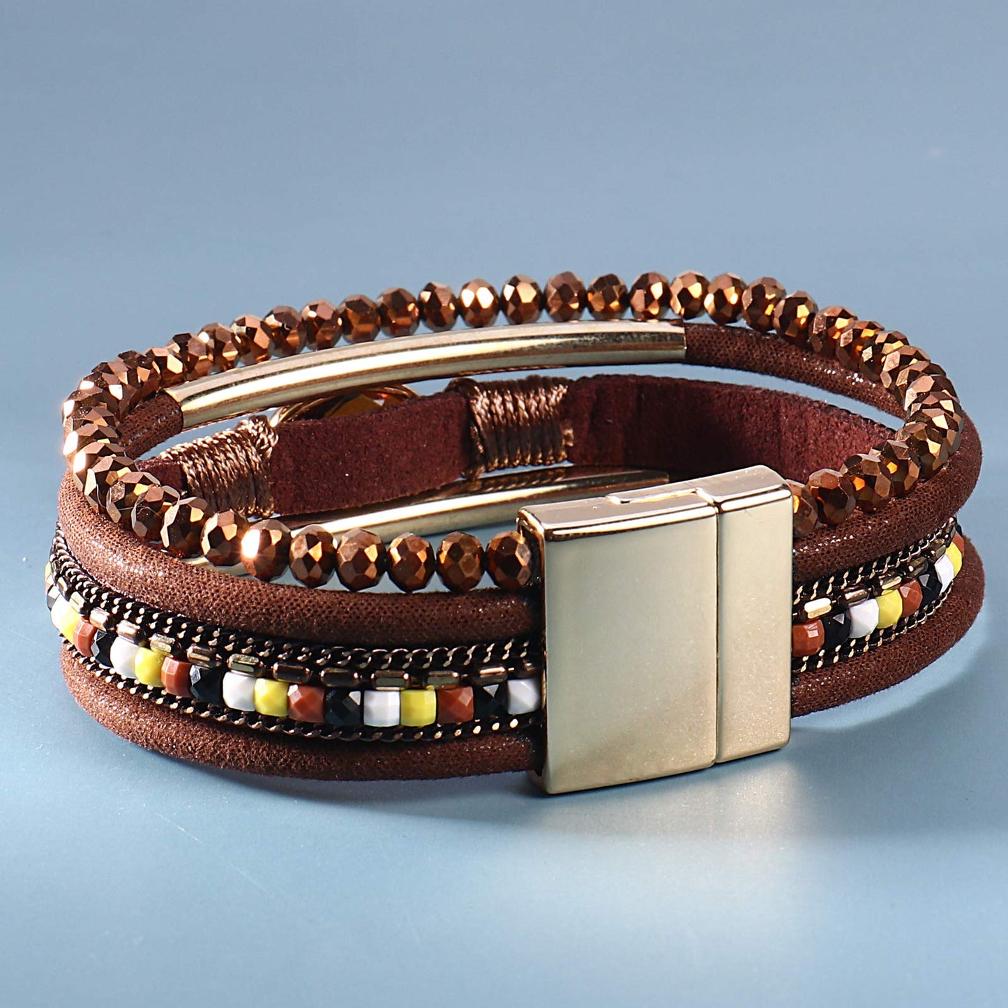 FANCY SHINY Leather Wrap Bracelets Crystal Beads Bracelet Boho Cuff Stone Charm Bracelets with Clasp Costume Jewelry for Women(Brown)