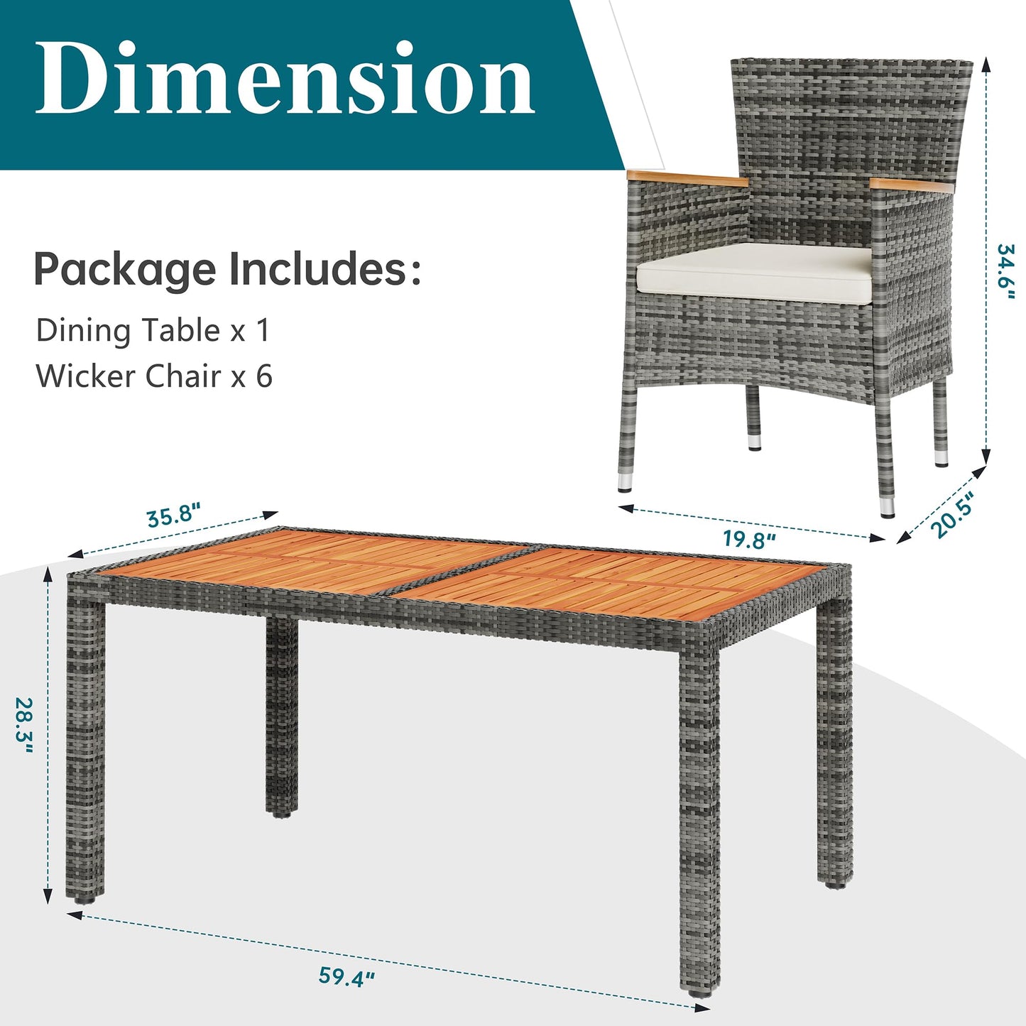Shintenchi 7 Piece Patio Dining Set, Wicker Patio Conversation Set with Wooden Table Top, Outdoor Table and Chairs with Soft Cushions for Backyard, Deck and Garden, Grey Wicker