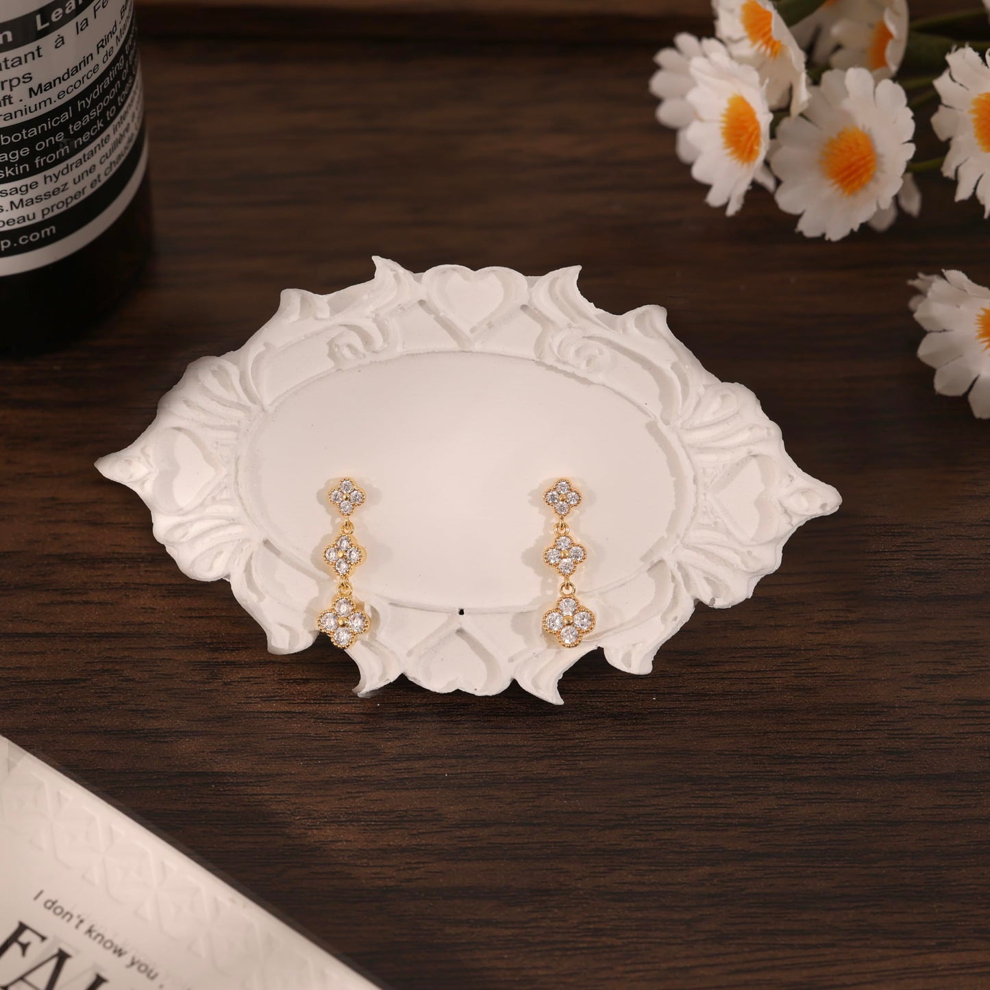 Voduim Dangle Earrings for Women, Formal Wedding Bridal Earrings Dainty 14k Gold Plated Long Clover Drop Earrings for Women Trendy Unique Rhinestone Chandelier Dangling Earrings Prom Earring Jewelry