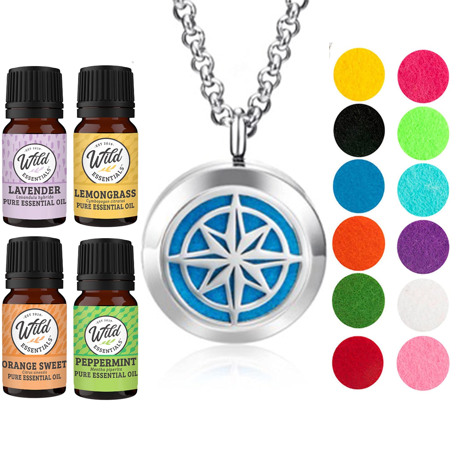 Wild Essentials Nautical Star Necklace Essential Oil Diffuser Kit, Lavender, Lemongrass, Peppermint, Orange Oils, 12 Refill Pads, Calming Aromatherapy Gift Set, Customizable Color Changing, Perfume