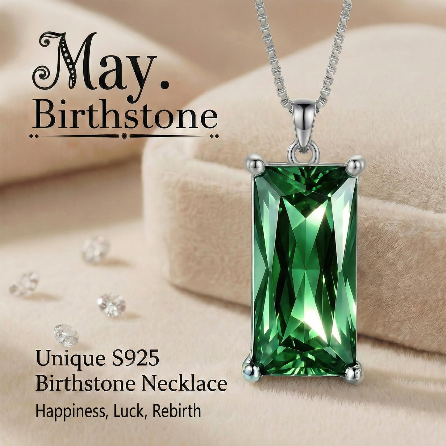 Kuschelkatze 8mm x 16mm Square May Birthstone Emerald Pendant Necklace – Fashion charming Sterling Silver Gift for women
