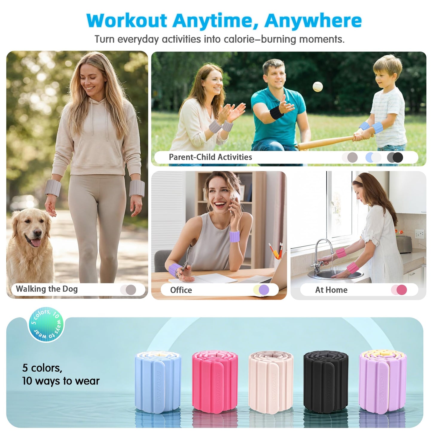 BECOJADDE Wrist Weights Ankle Weights for Women 1 Pair (2.2 lb Each) Silicone Magnetic Leg Arm Weighted Bracelet for Home Yoga Pilates Gym Workout Walking Jogging, Blue Cream