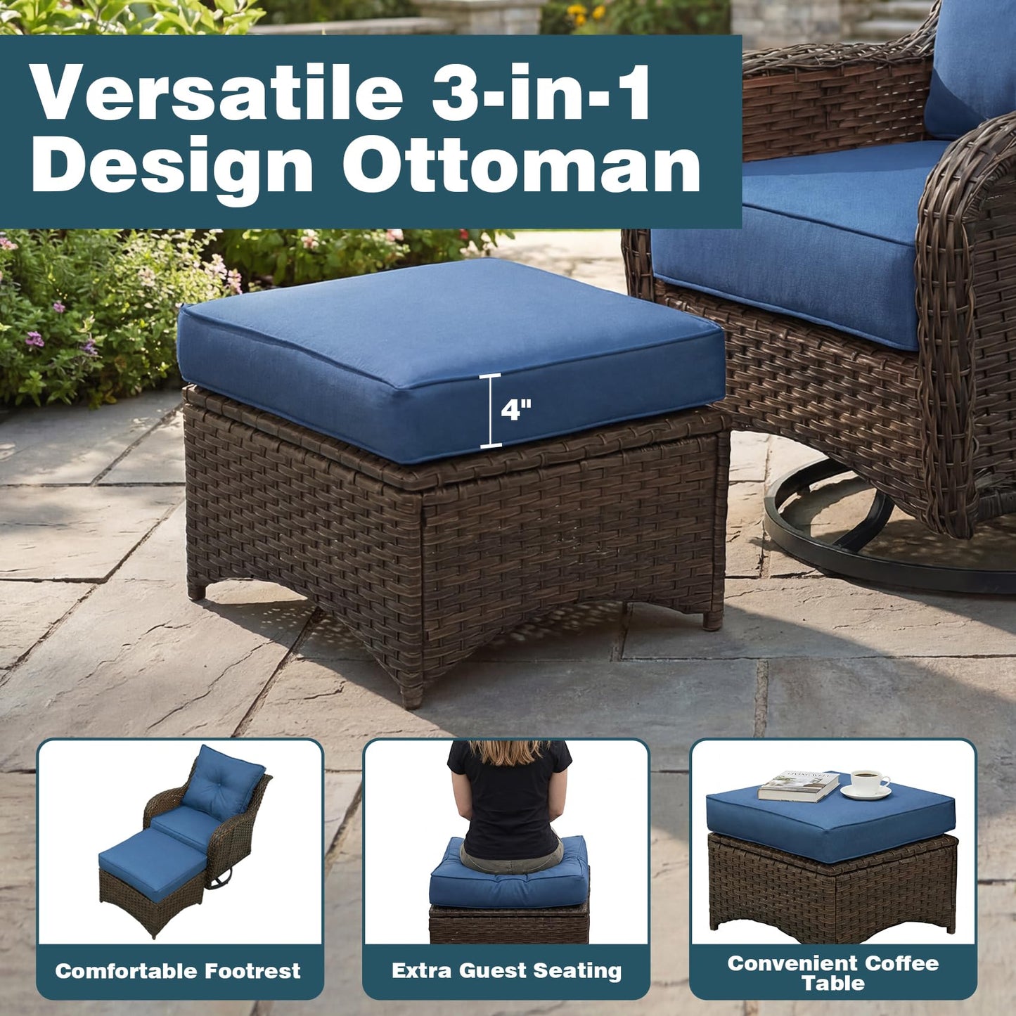 SAILARY Patio Furniture Set, 5PCS Outdoor Wicker Conversation Set with 6" Thick Cushions, High Back Swivel Rocker Chairs, Weather Resistant Olefin Fabric for Garden, Poolside, Navy Blue