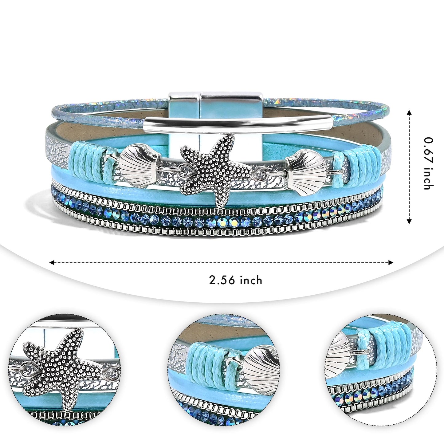 VIBILIA Boho Leather Wrap Bracelets for Women Shell starfish Multi-Layer Bracelets with Strong Clasp Jewelry for Women-Blue