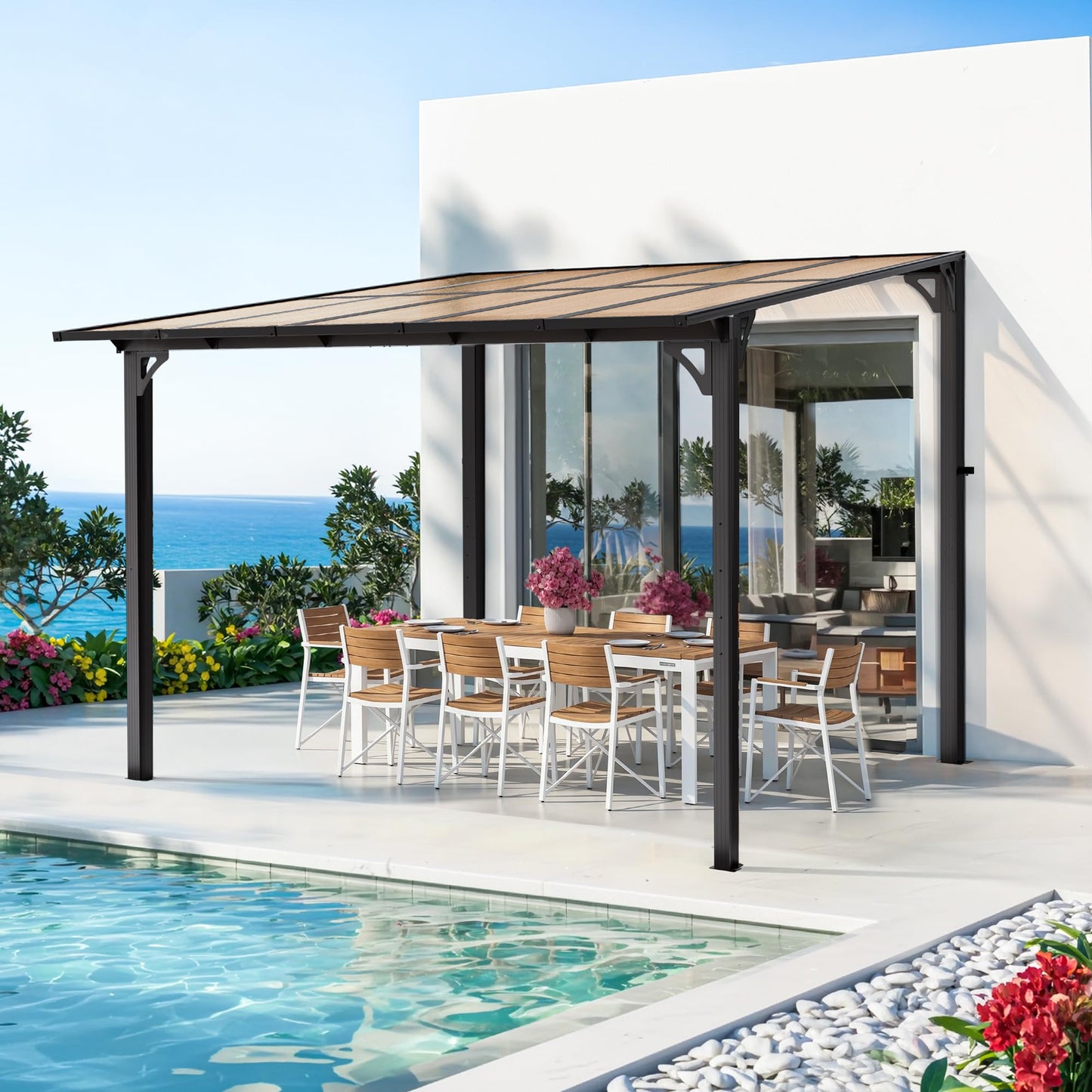 Pamapic 10x10FT Wall Mounted Gazebo, Hardtop Lean to Gazebo with Aluminum Frame & UV Resistant Polycarbonate Roof, Outdoor Patio Awning for Deck, Porch, Lawn & Backyard