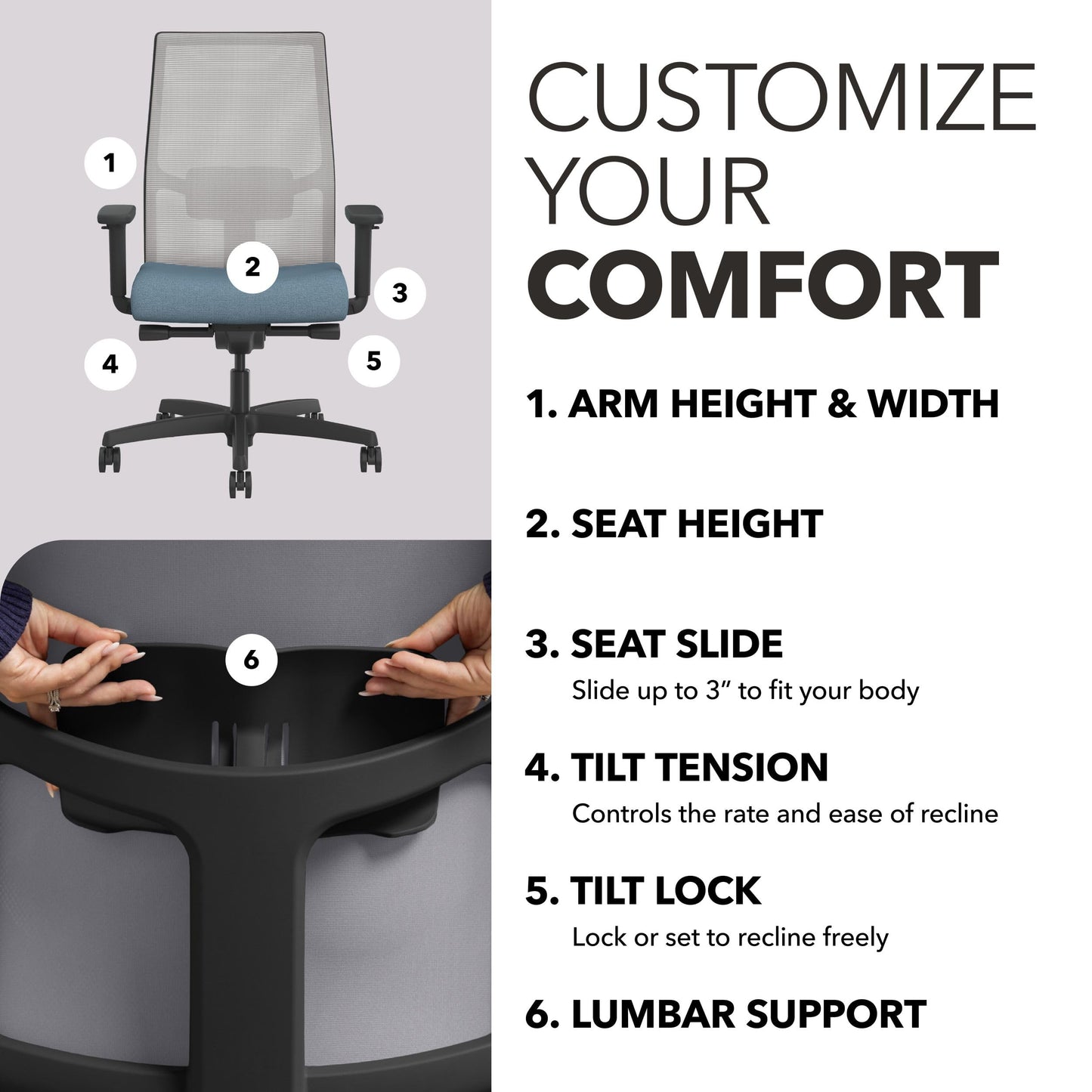 HON Ignition 2.0 Ergonomic Office Chair, Adjustable Tilt, Swivel Wheels, Comfy for Long Hours, Home Office Desk Chairs, Blue