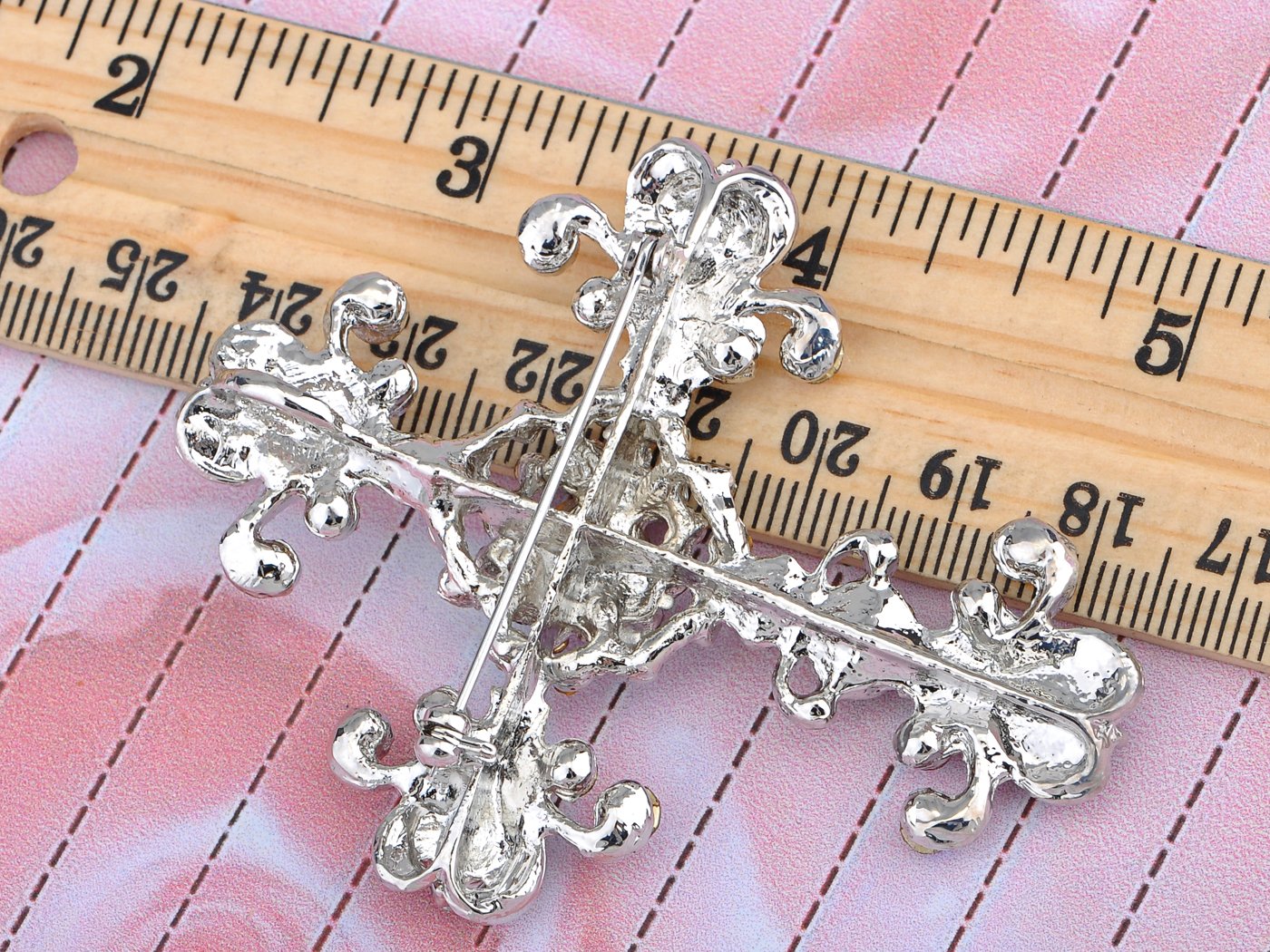 Alilang Silvery Tone Victorian Inspired Flourish Flower Clear Crystal Rhinestone God Cross Pin Brooch Purple