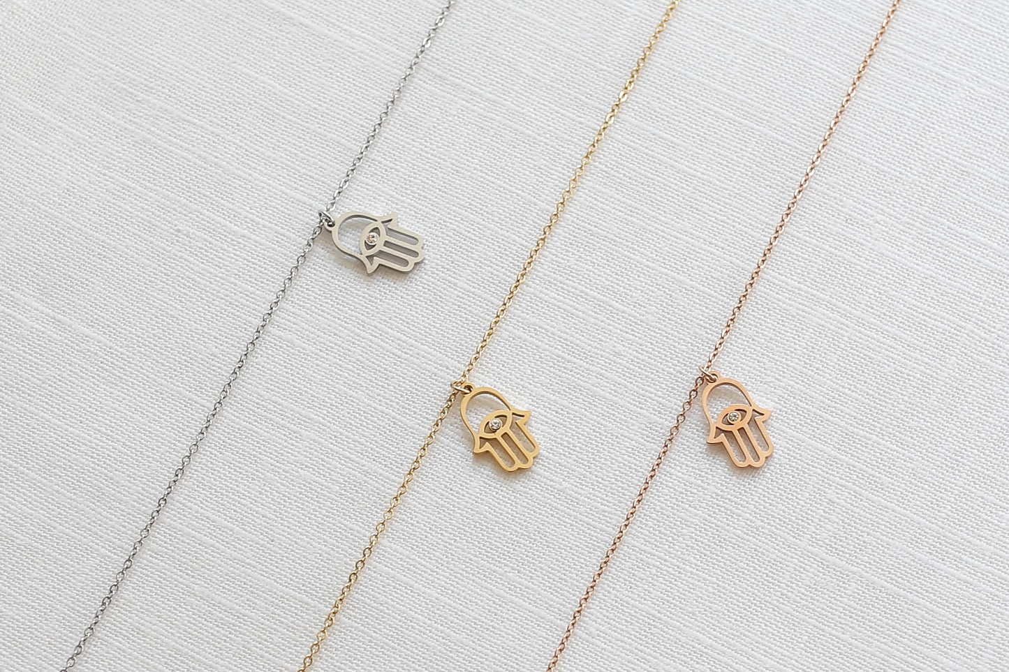 LUUK LIFESTYLE Stainless steel necklace for women with Fatima|Buddha hand pendant and HAPPINESS gift card, zen hamsa jewelry for protection against bad luck, hippie chic boho style aspect, silver