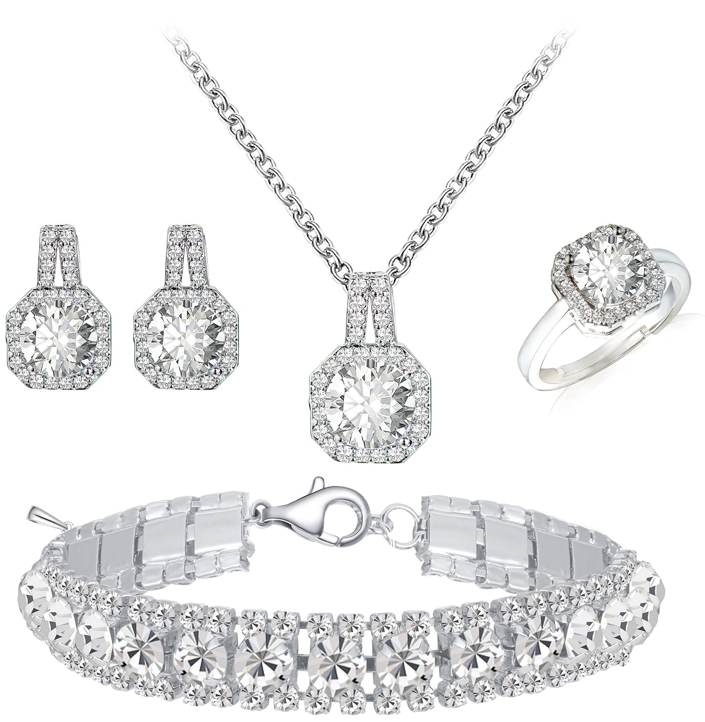 Paxuan 4pcs Cubic Zirconia Wedding Jewelry Sets for Bride Bridesmaid Cubic Zirconia Pendant Necklace Earrings Link Tennis Bracelet Open Ring Set for Women
