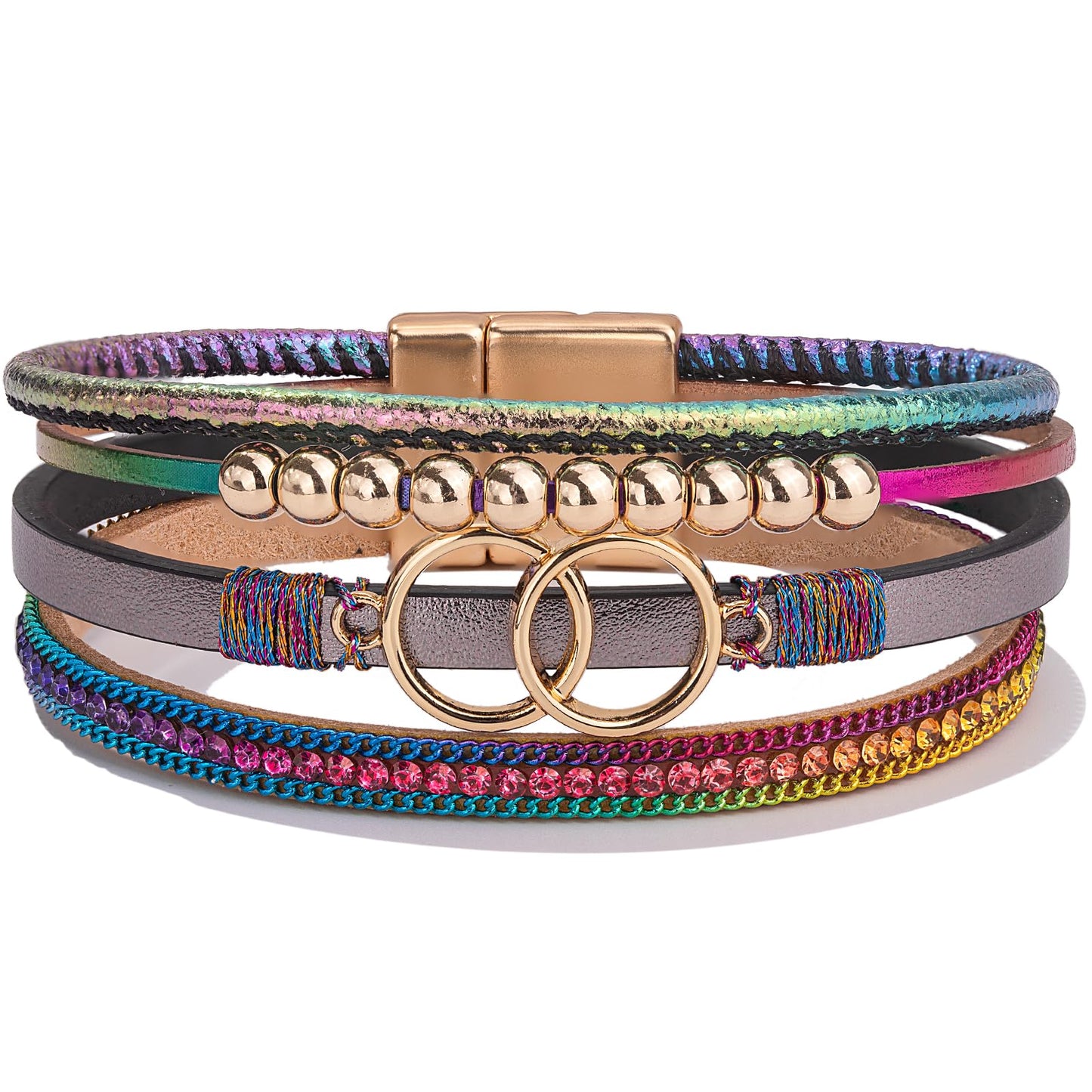FANCY SHINY Boho Leather Wrap Bracelet Stackable Beaded Infinity Chunky Cuff Bracelets with Magnetic Clasp Western Hippie Outfits Jewelry Gifts for Women(Rainbow)