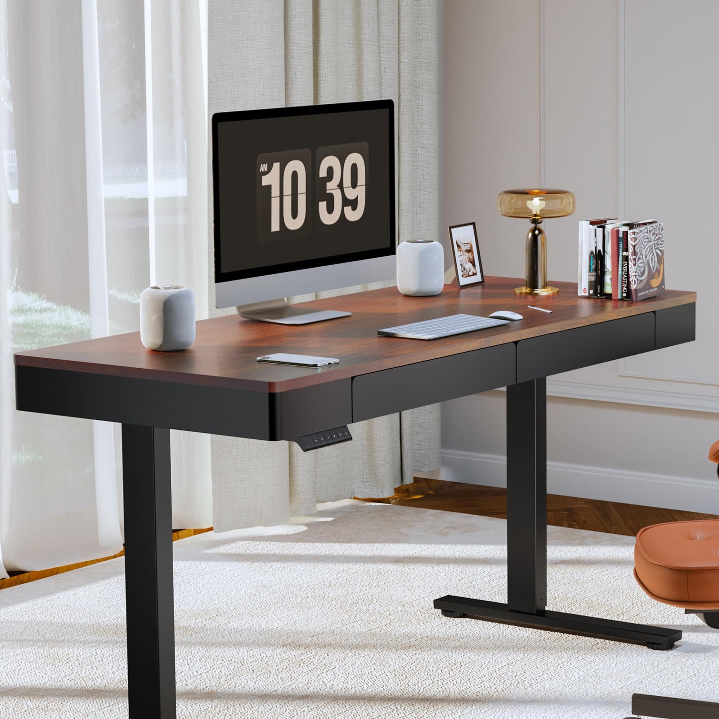 FLEXISPOT Standing Desk with Drawer, 55 x 24 Inch Whole Piece Electric Adjustable Height Stand Up Computer Workstation for Home, Office, Dark Walnut