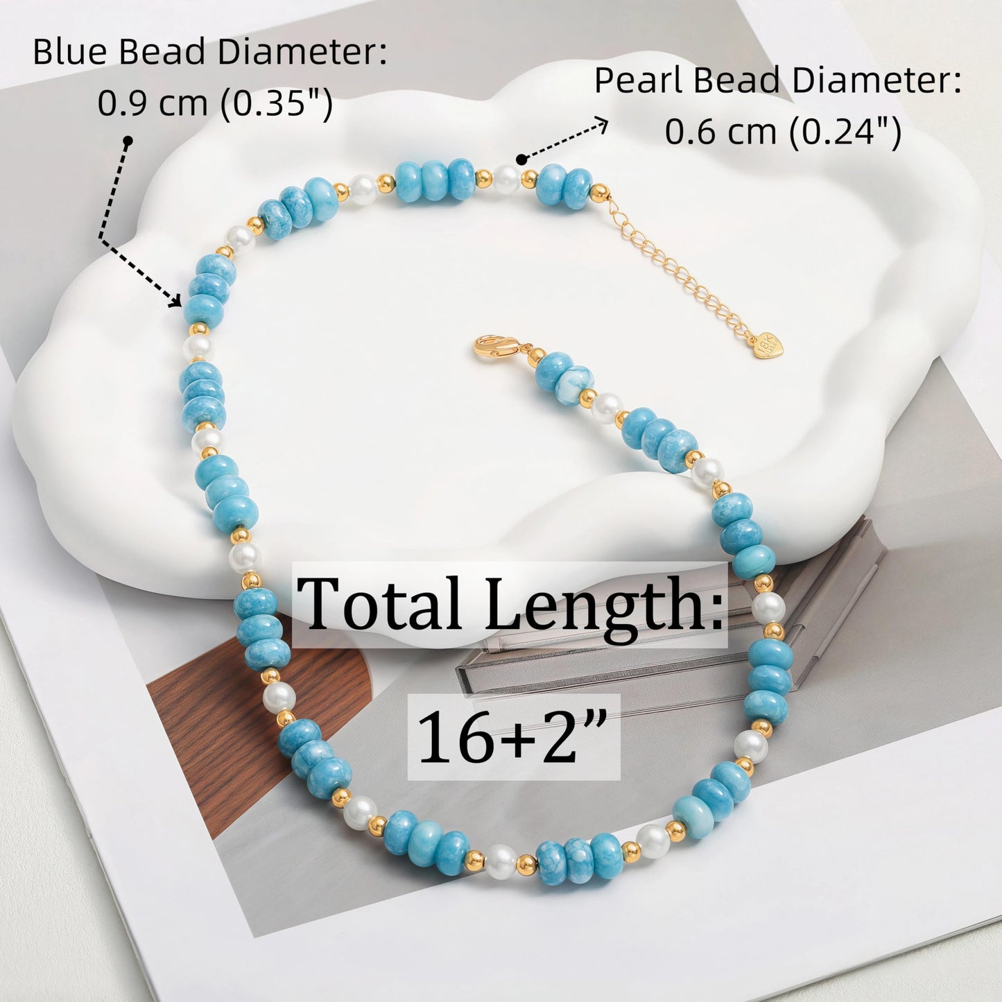 POTESSA Blue Necklace for Women – Pearl Choker with Blue Gemstone Beads & 18K Gold Plated Boho Beach Jewelry, Gift for Her