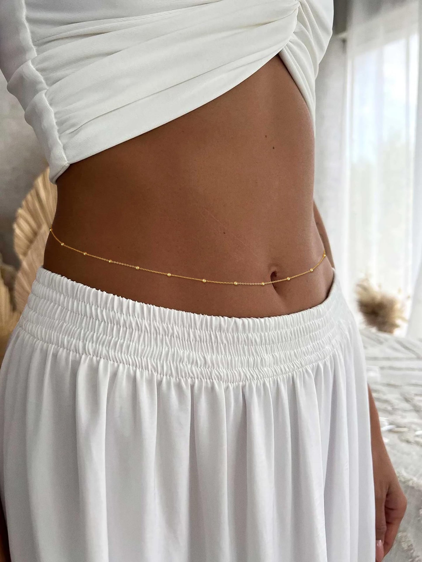 SUFOPE Gold Waist Chain for Women Dainty 14K Gold Plated Belly Chain Adjustable Minimalist Bikini Belly Beads for the Waist Waterproof Beach Accessories Body Chain Jewelry Gifts