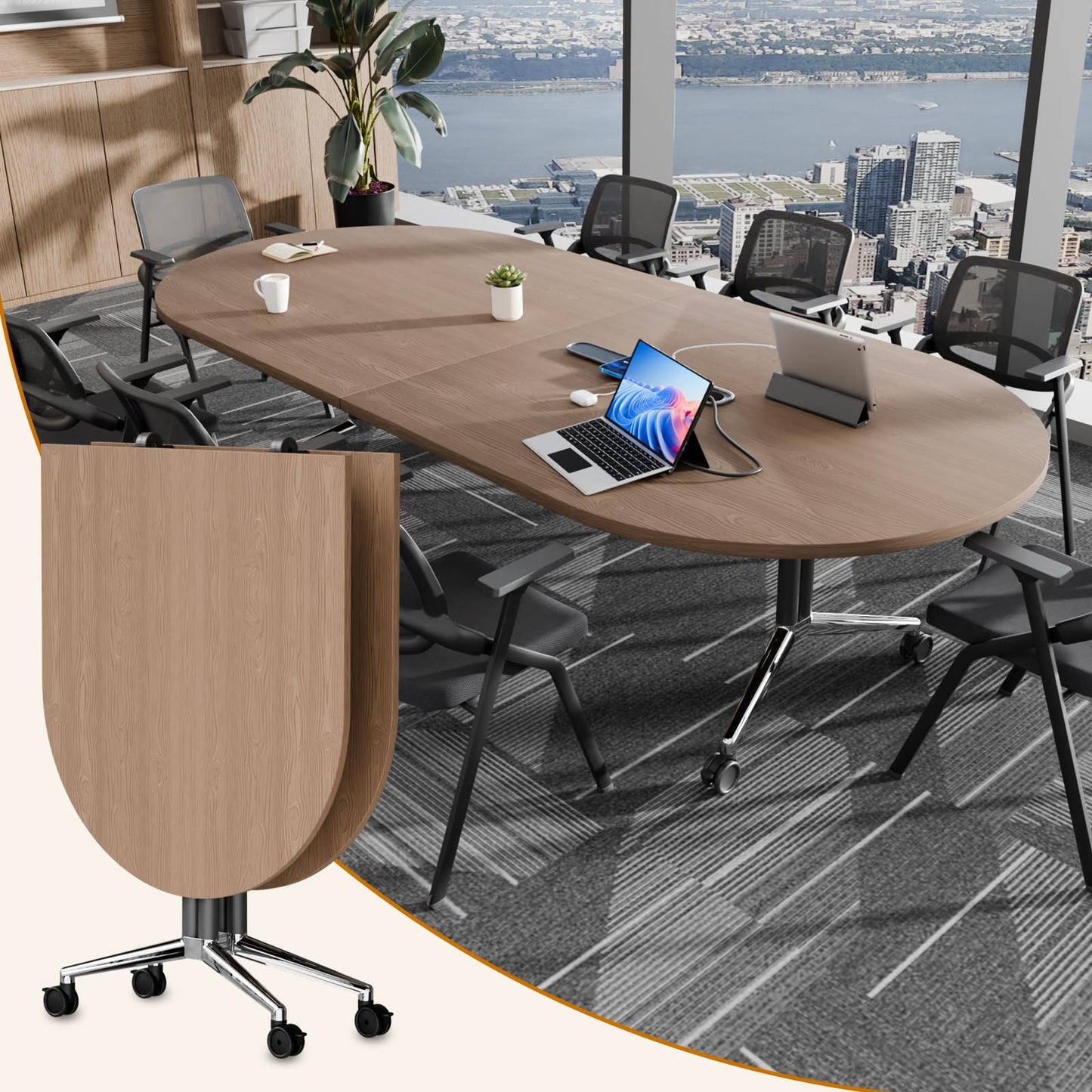8 FT Large Folding Conference Table, Oval Training Seminar Tables for 8-10 People,Built-in Wireless Charger and Power Box,Metal Legs Rolling Training Table for Office (1, Walnut, 94.5"L×47.2"W×29.5"H)