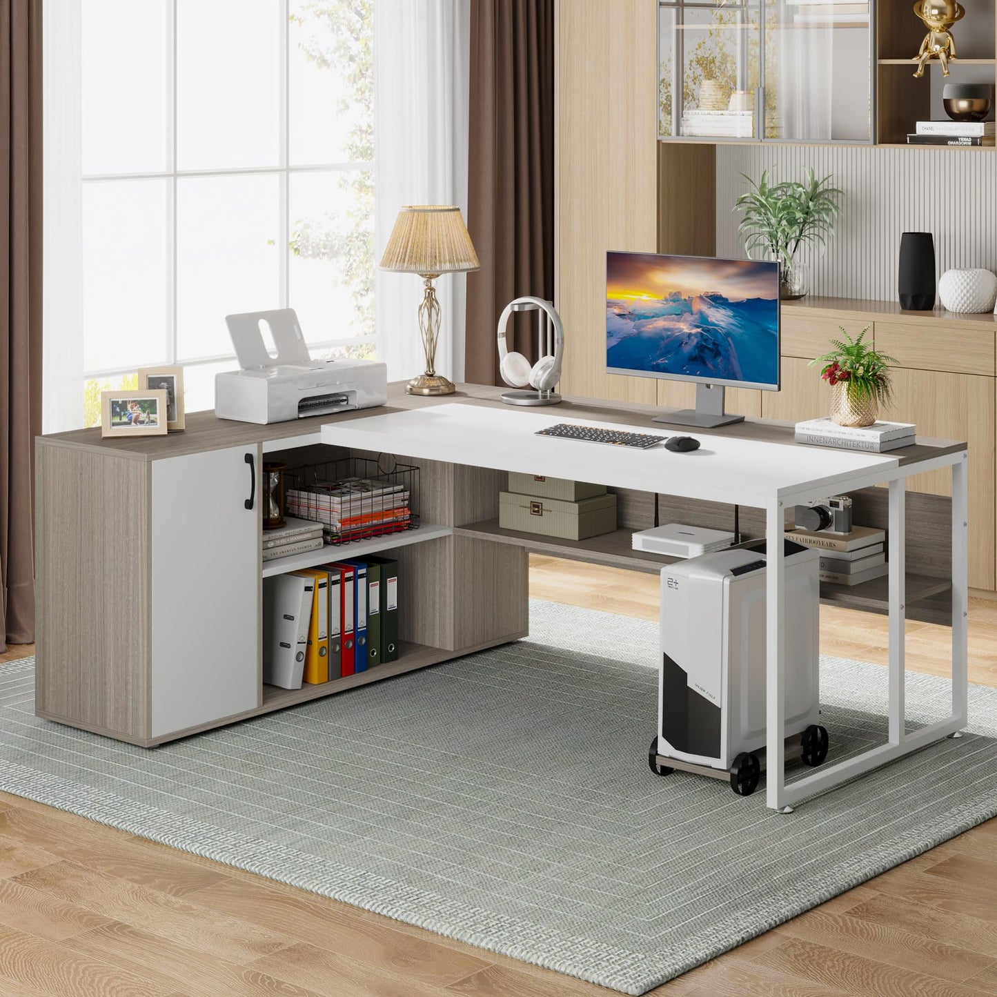 Tribesigns 71 inch Executive Desk, L Shaped Desk with Cabinet Storage, Executive Office Desk with Shelves, Business Furniture Set Workstation for Home Office, Gray and White
